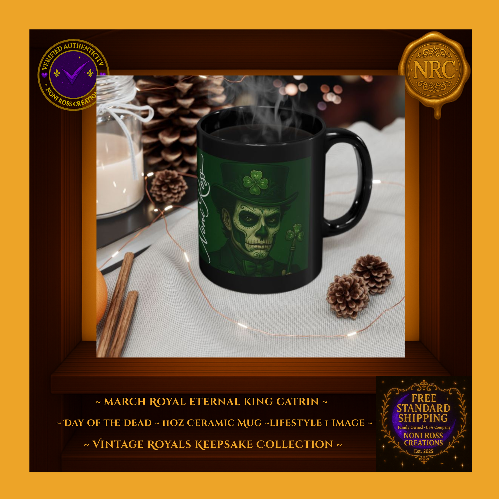 March Catrin Mug beside gold coins and shamrock leaves—gothic St. Patrick’s Day theme | Noni Ross Creations