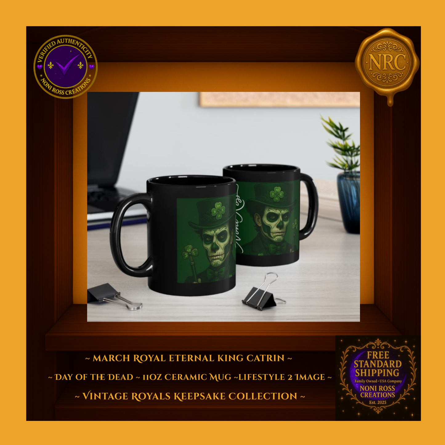 March Catrin Mug on dark wood table with candles and clover décor—vintage Irish aesthetic | Noni Ross Creations