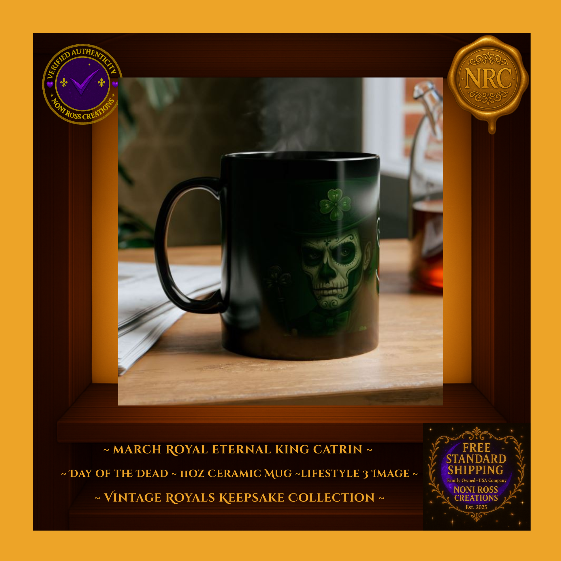 March Catrin Mug displayed with matching March Catrina Mug in green-gold tones—royal couple set | Noni Ross Creations