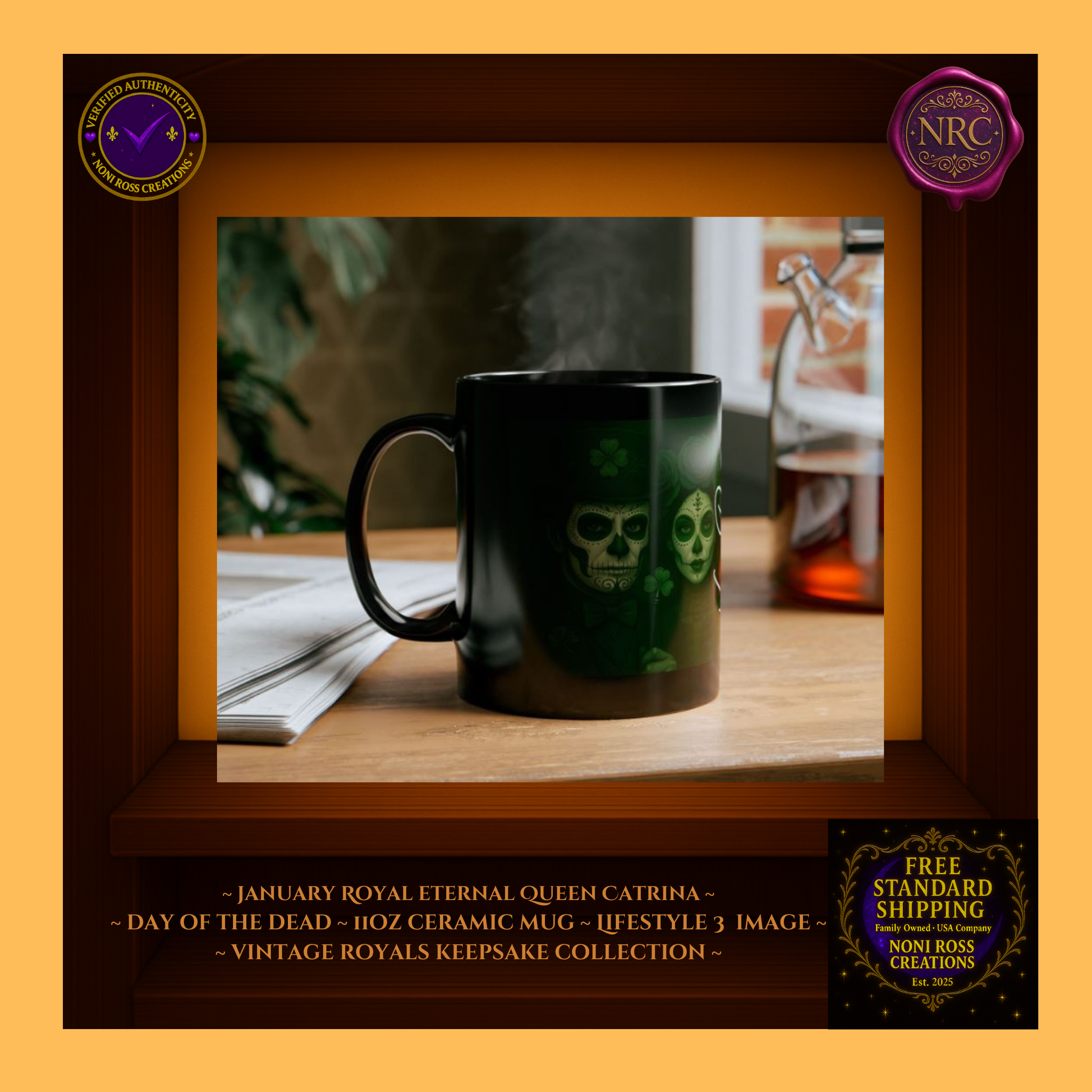 Collector display—March King & Queen Mug Set with floral décor and pastries | 💚 NoniRossCreations.com