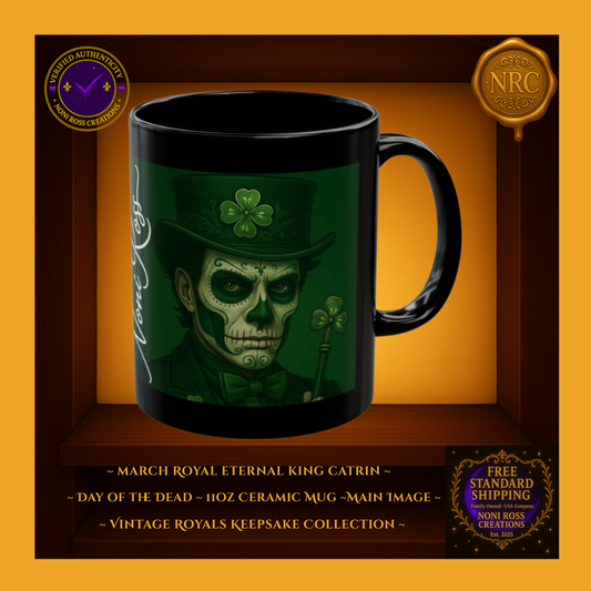 March Catrin Mug 11oz featuring sugar-skull gentleman in emerald suit and top hat with four-leaf clover design | Noni Ross Creations