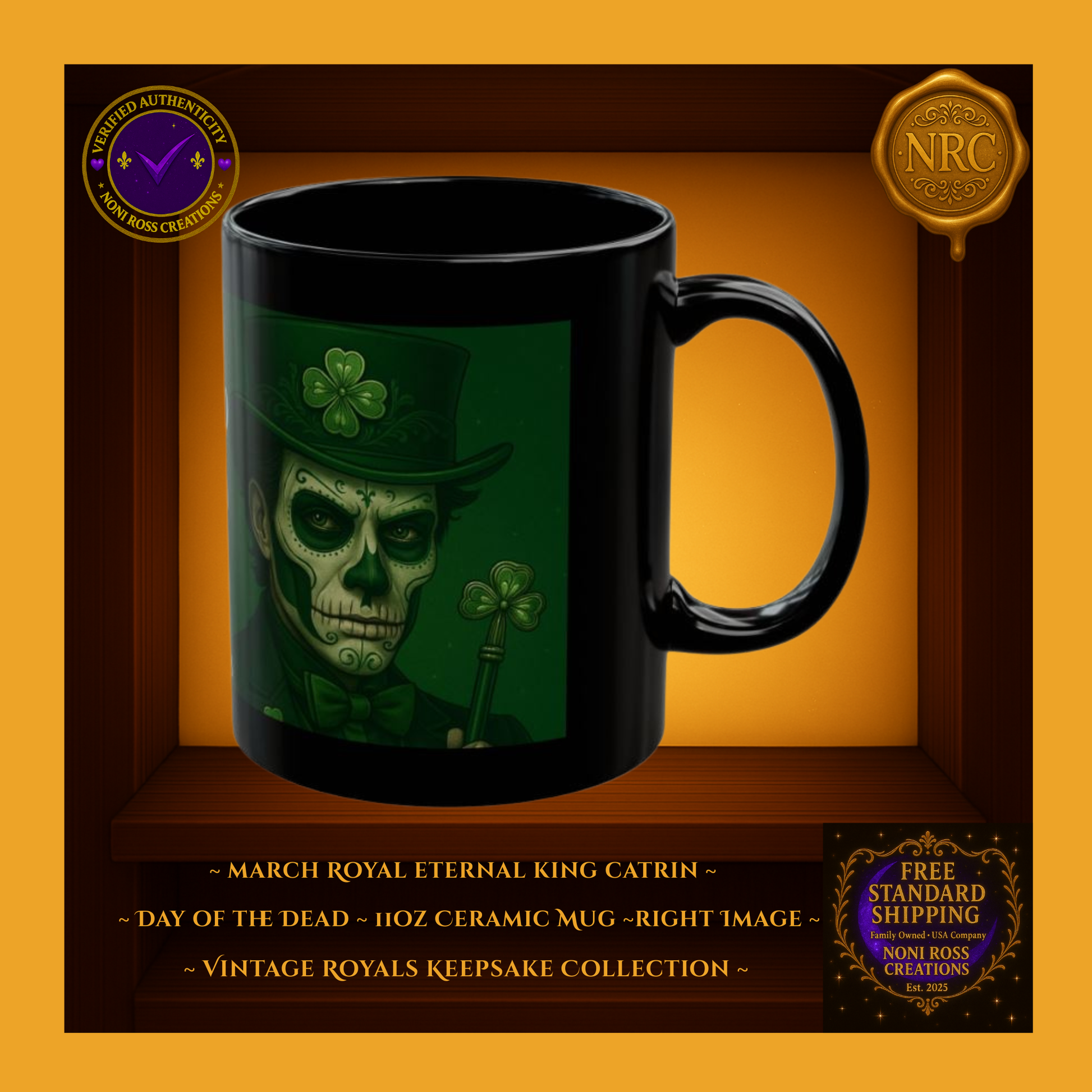 Right side of March Catrin Mug with deep forest-green shading and detailed vintage attire | Noni Ross Creations