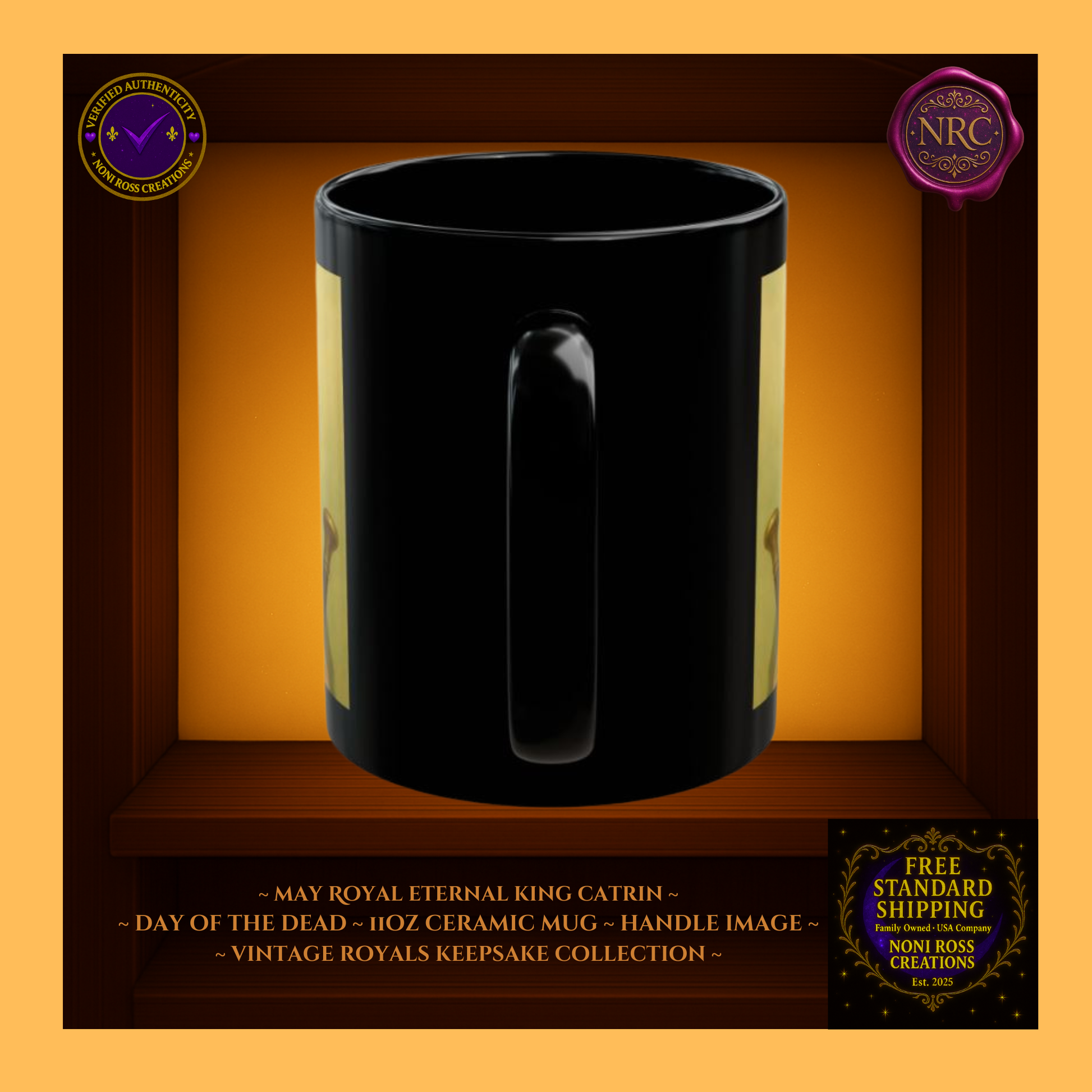 Handle detail—porcelain white interior with blush and gold artwork edging, 11 oz ceramic mug