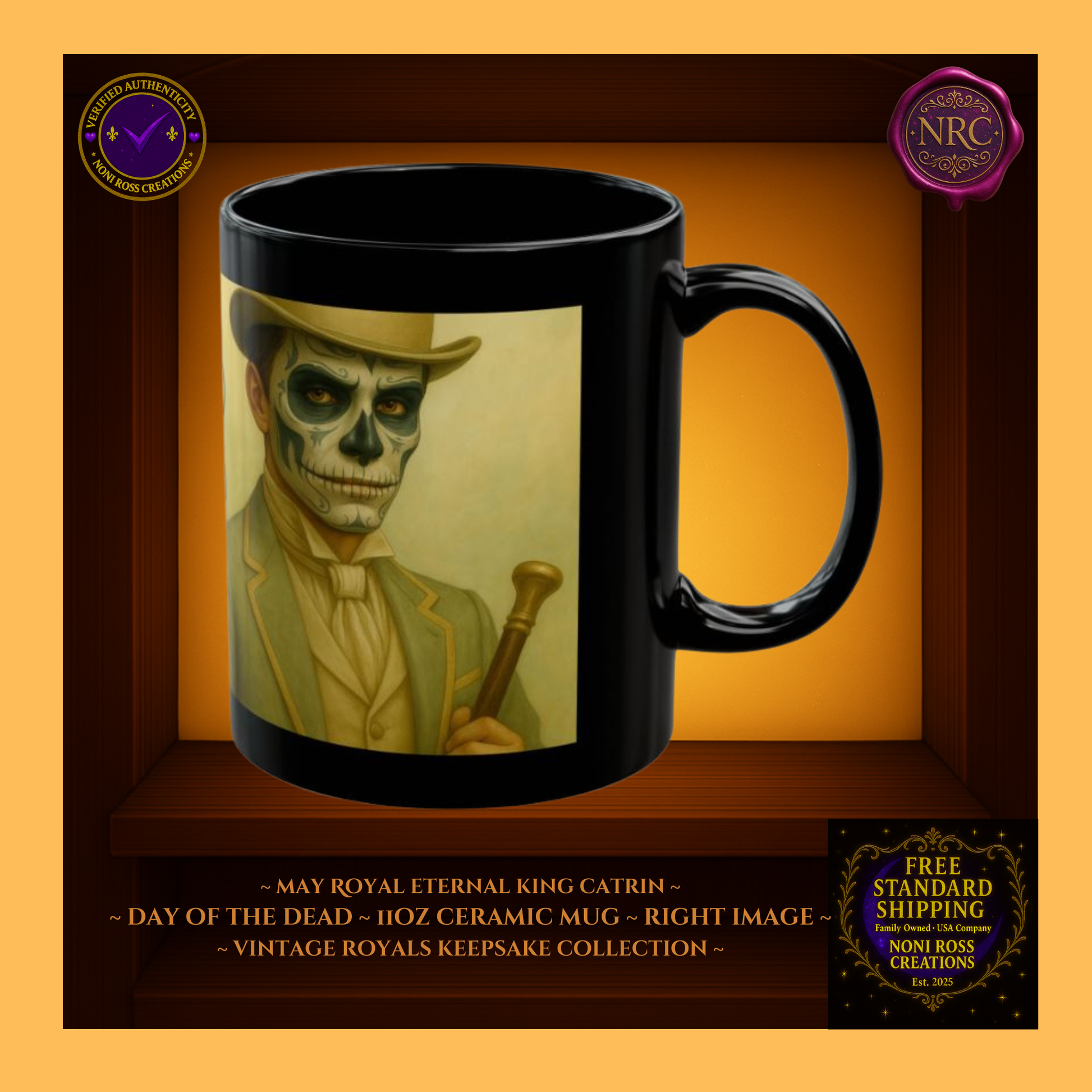 Right side—May King Catrin Mug with candlelight glow and pearl accents | vintage royal art