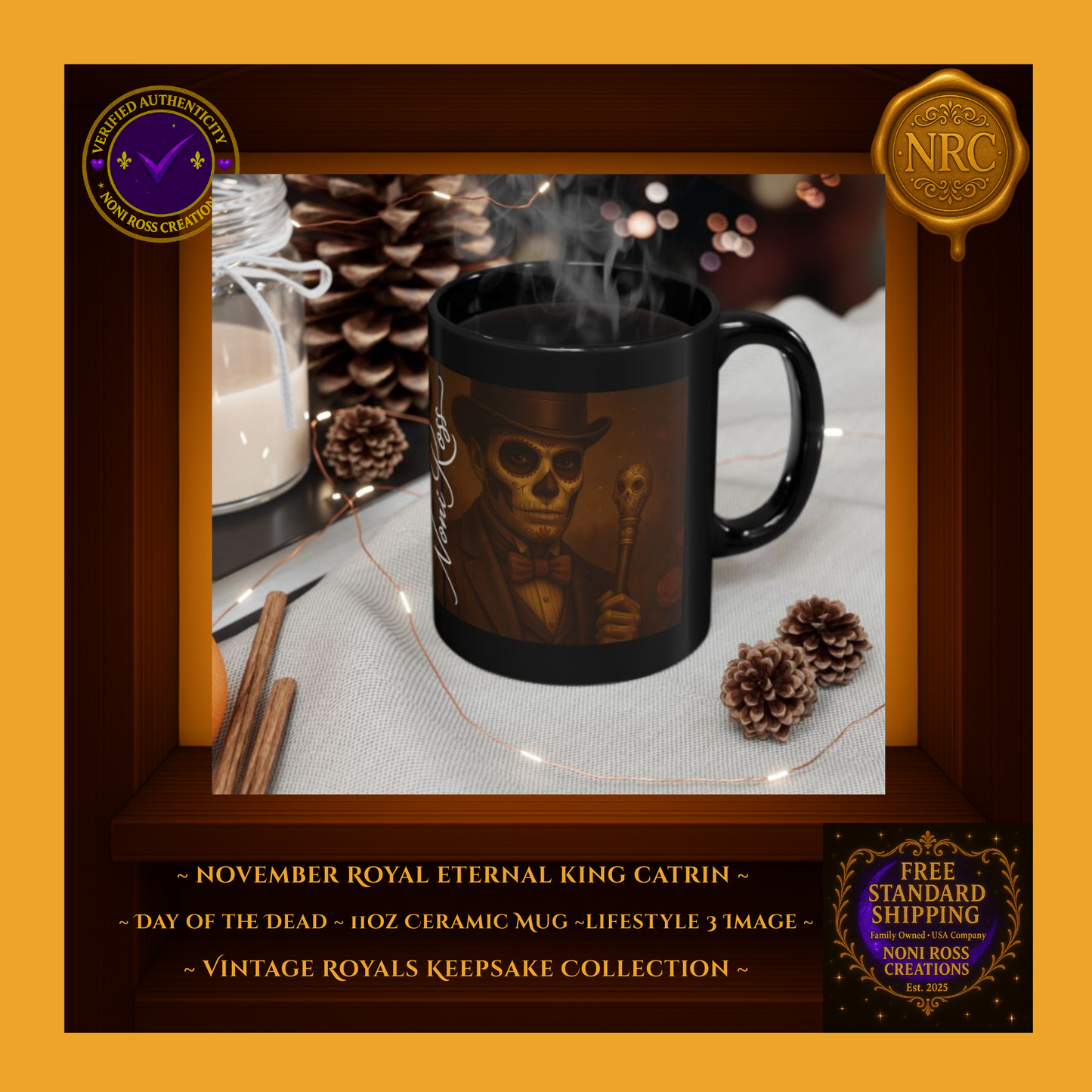 November Catrin Mug showcased with other Vintage Royals Keepsake mugs in autumn tones—collector display | Noni Ross Creations