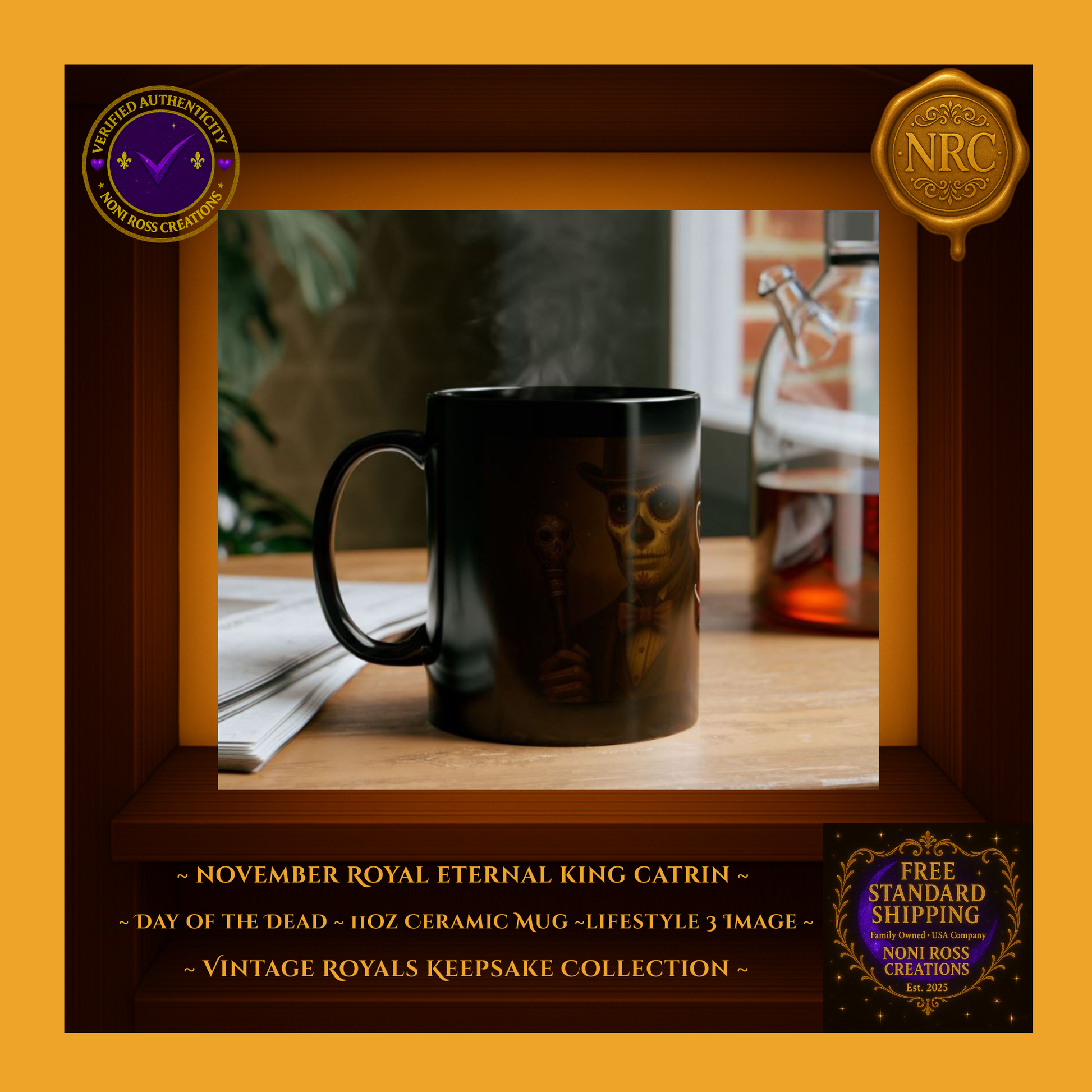 November Catrin Mug showcased with other Vintage Royals Keepsake mugs in autumn tones—collector display | Noni Ross Creations