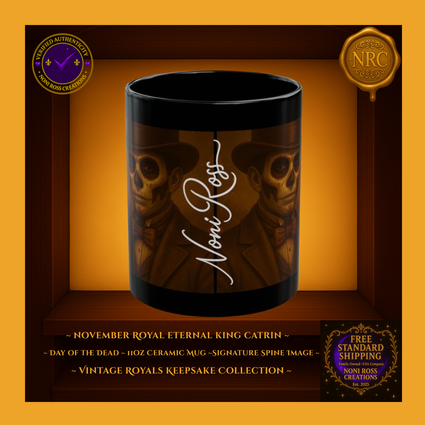 Side view of November Catrin Mug showing artist signature ‘Noni Ross’ in elegant white script | Vintage Royals Keepsake Collection”