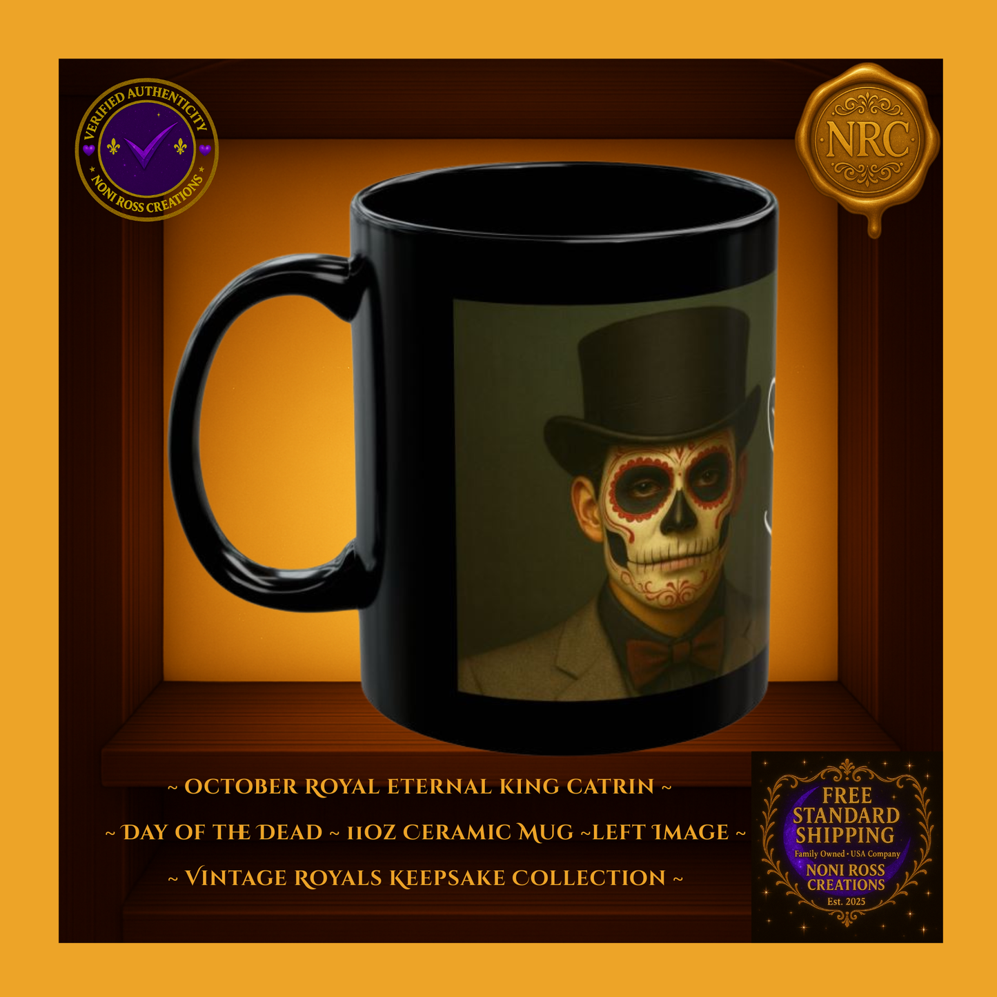 Left side — October Eternal King Catrin Mug showing gold trim and crimson sash detail, 11 oz ceramic mug
