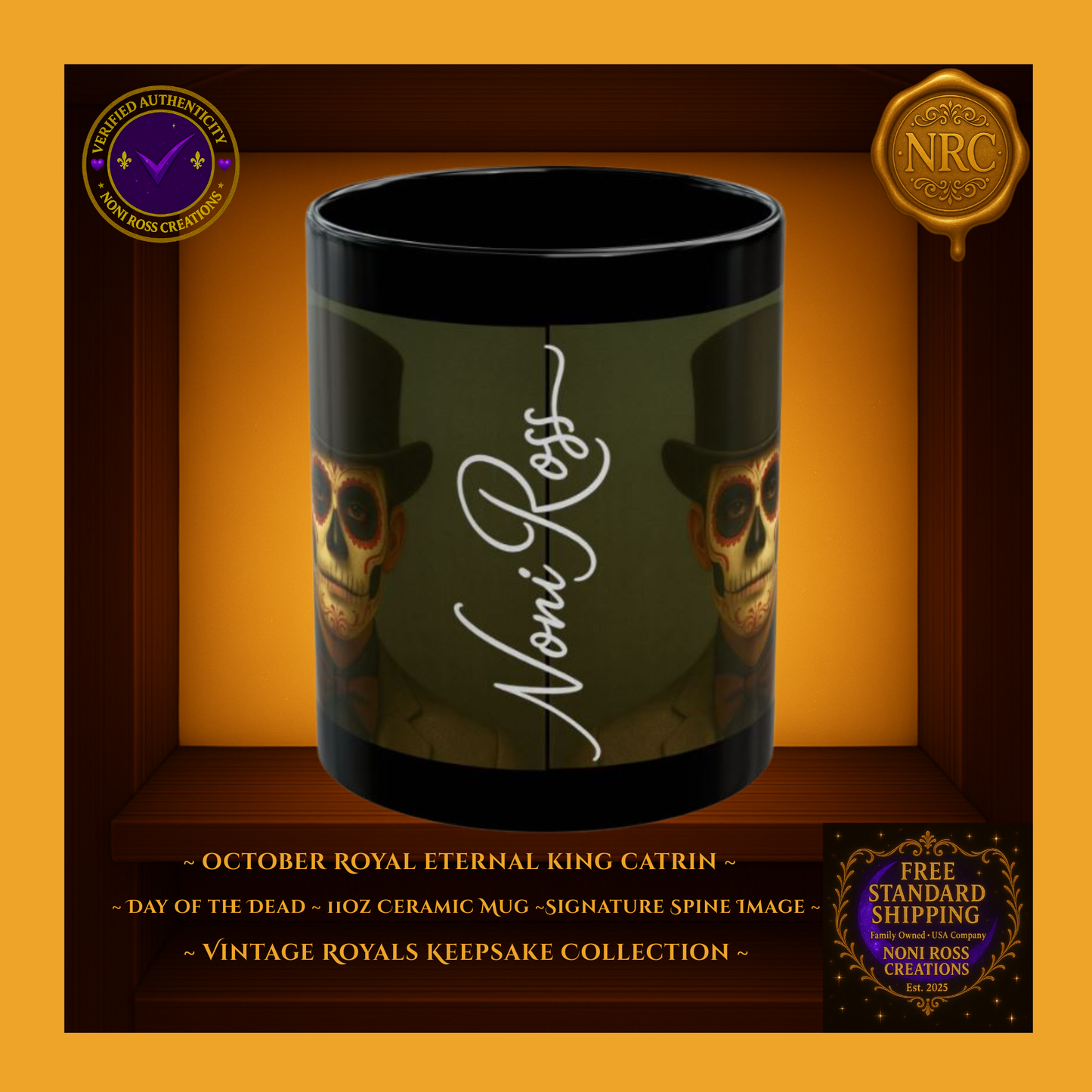 Signature spine — 💜 Noni Ross Creations logo with Vintage Royals filigree on black background