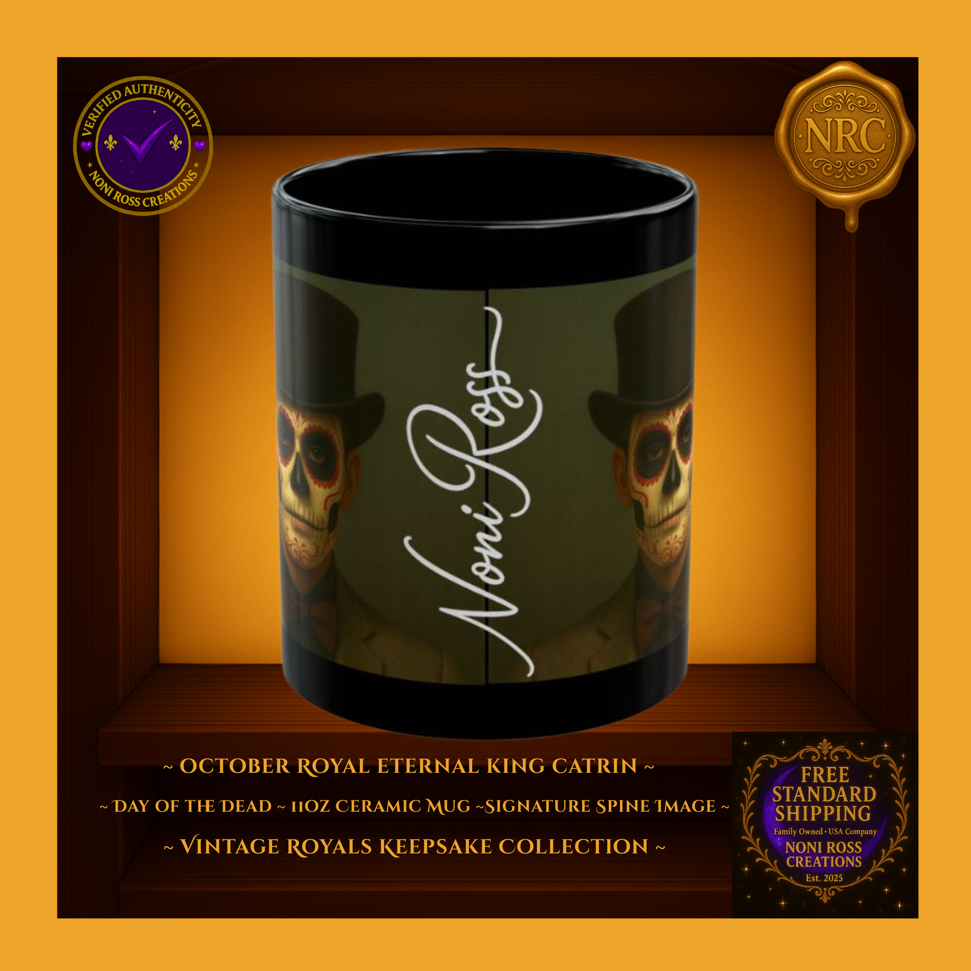 Signature spine — 💜 Noni Ross Creations logo with Vintage Royals filigree on black background