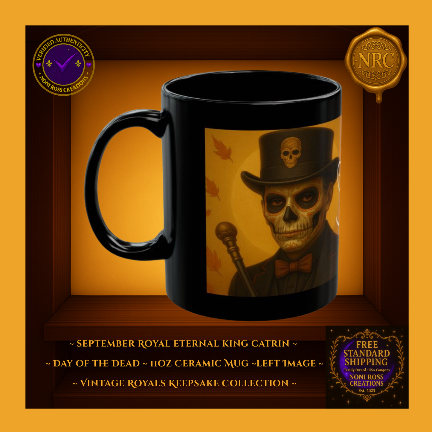 Left side of September Catrin Mug showing wraparound autumn artwork and vintage brown suit detail | Noni Ross Creations