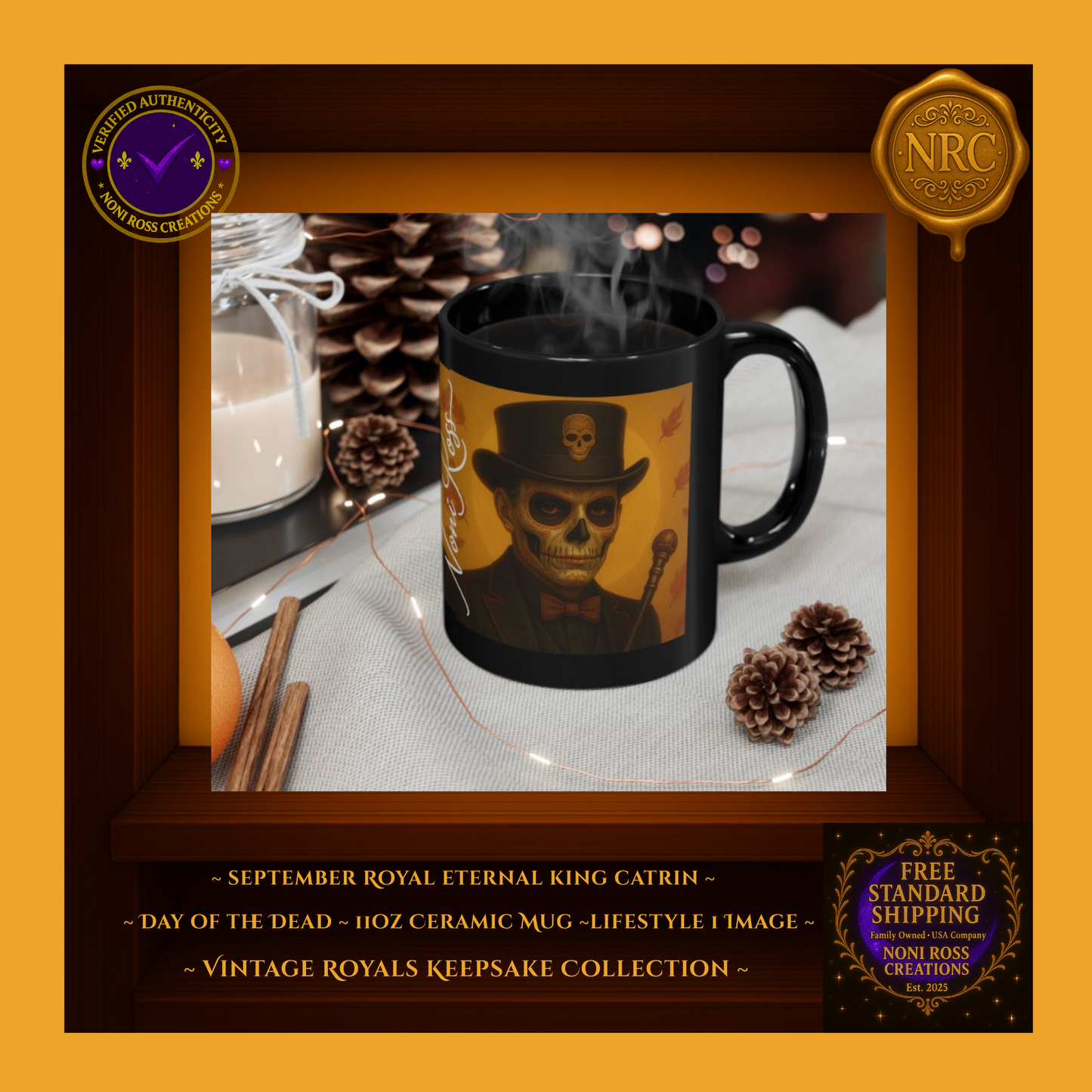 September Catrin Mug displayed on autumn table with candles and leaves—cozy fall gothic aesthetic | Noni Ross Creations