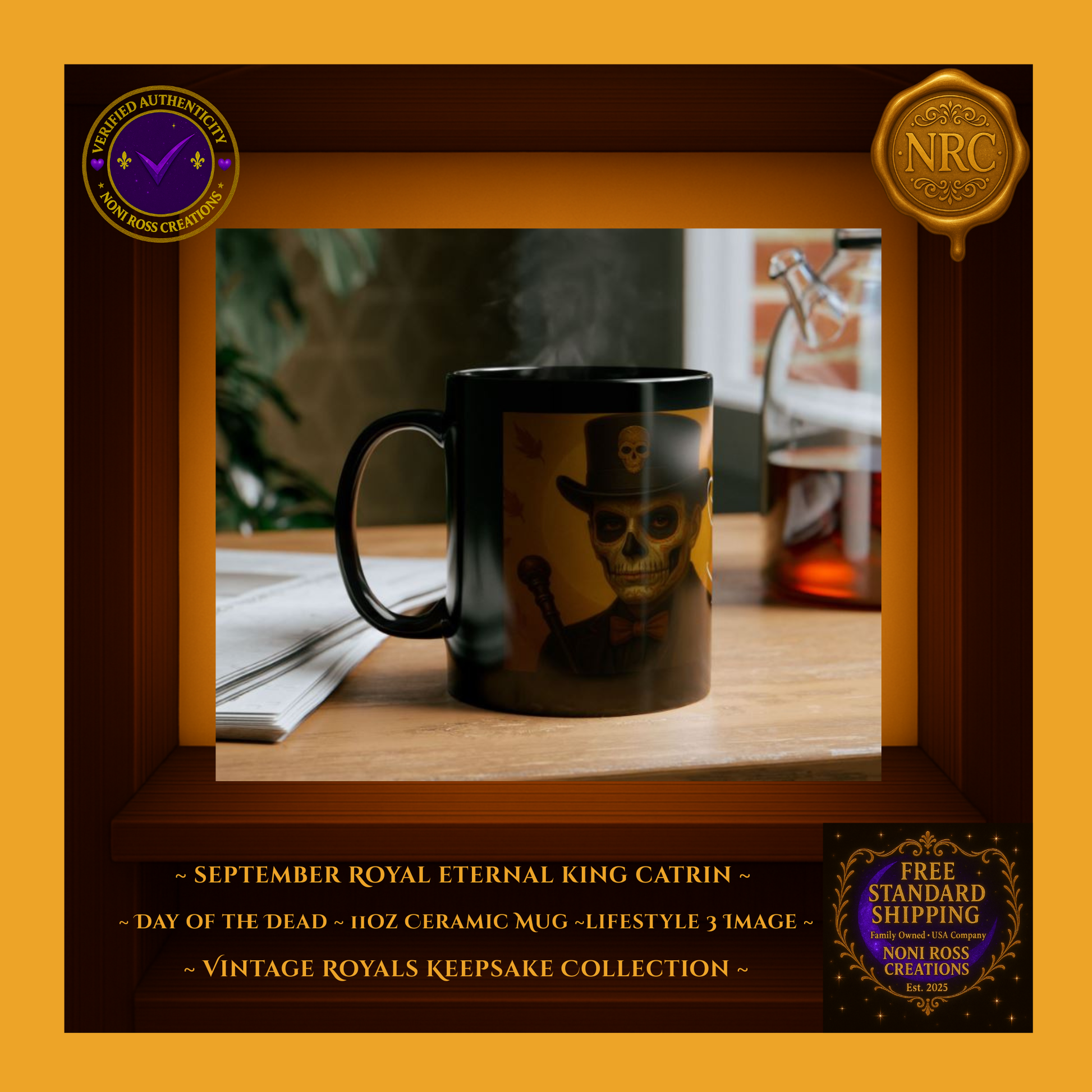 September Catrin Mug displayed with other Vintage Royals Keepsake mugs in golden and brown tones—collector display | Noni Ross Creations