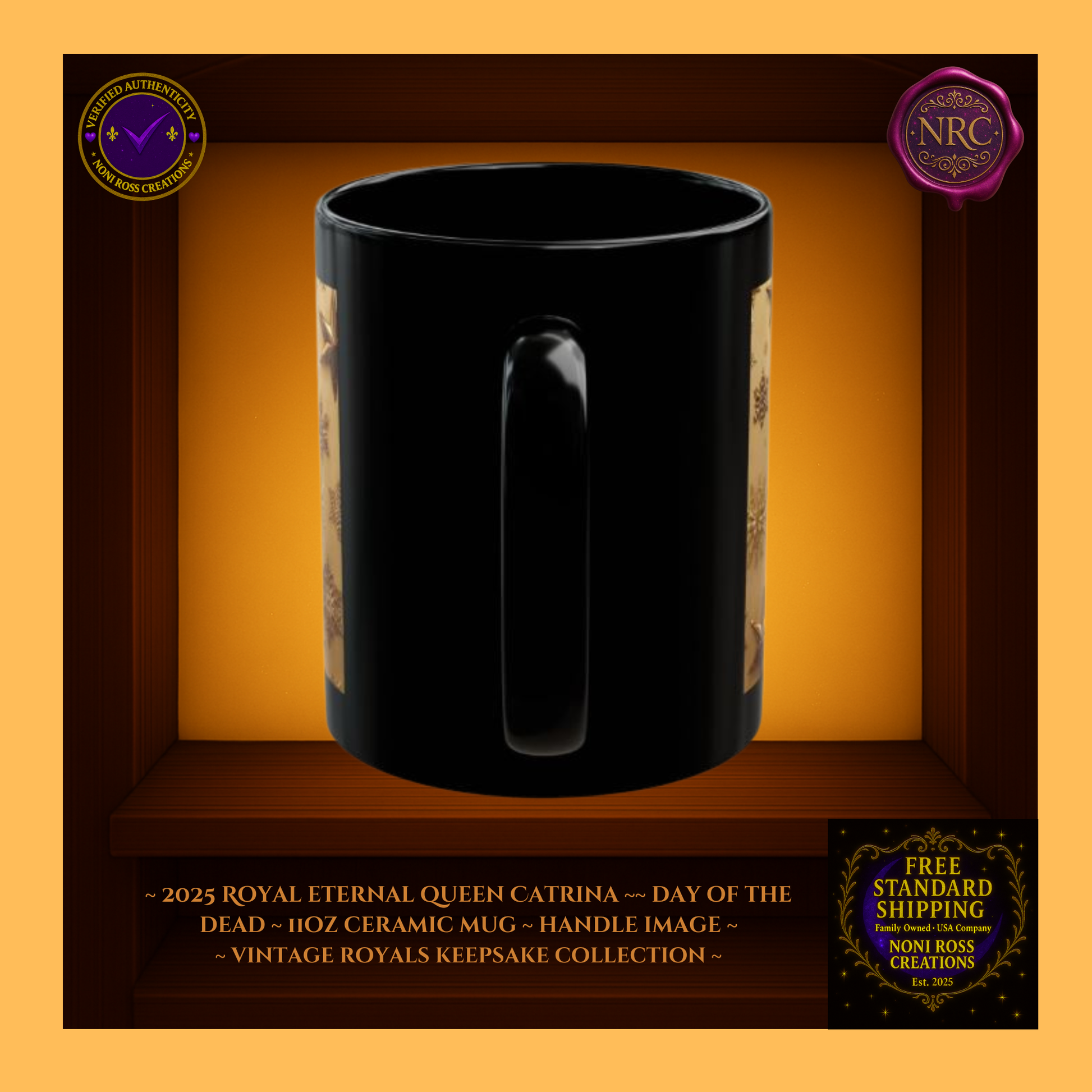 Handle detail — porcelain white interior with gold accent rim, 11 oz ceramic mug