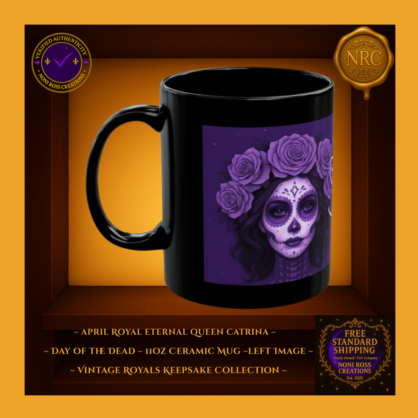 Left side—April Eternal Queen Catrina Mug showing silver lace trim and blue dress, 11 oz ceramic mug