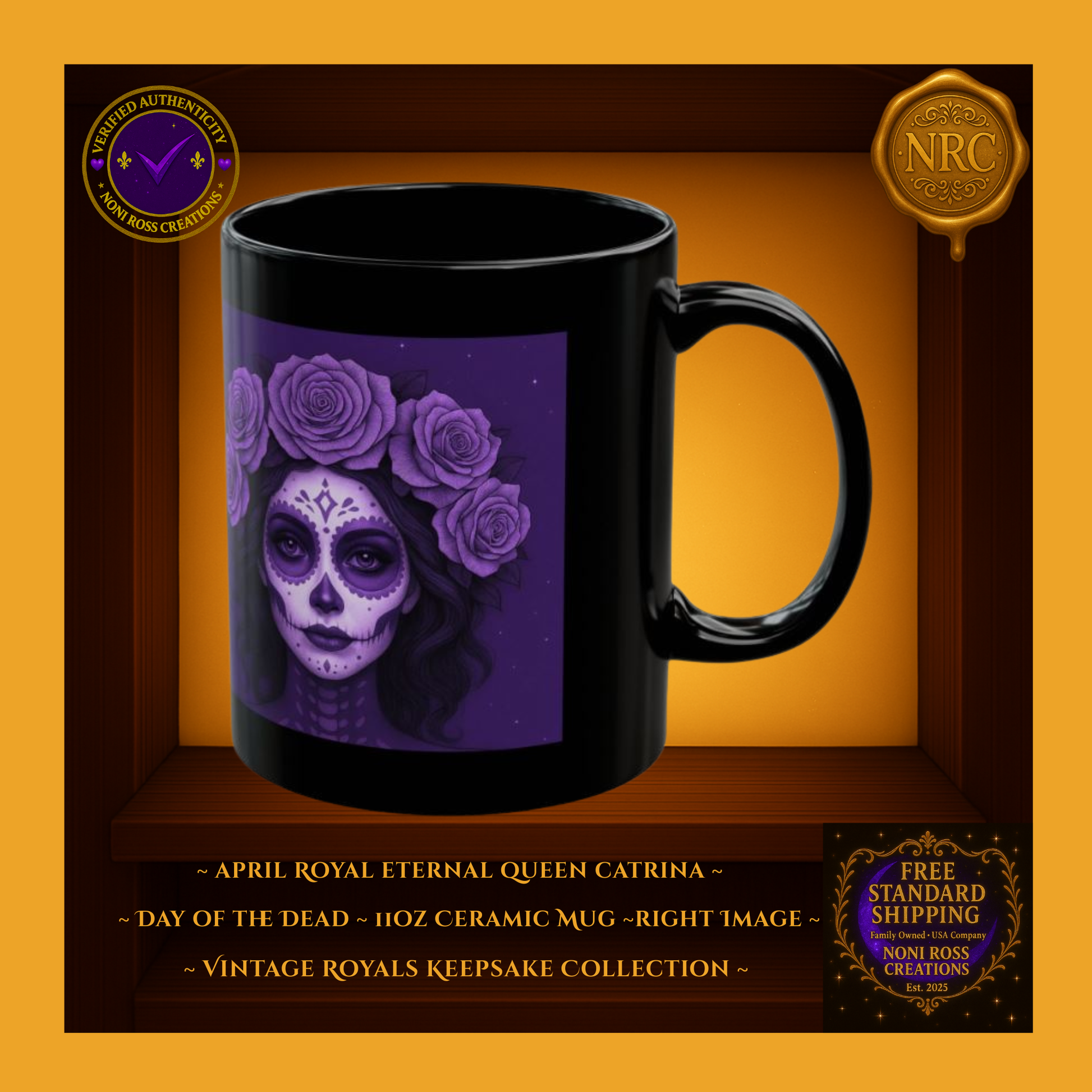 Right side—April Queen Catrina Mug with silver details and sky-blue backdrop under soft light