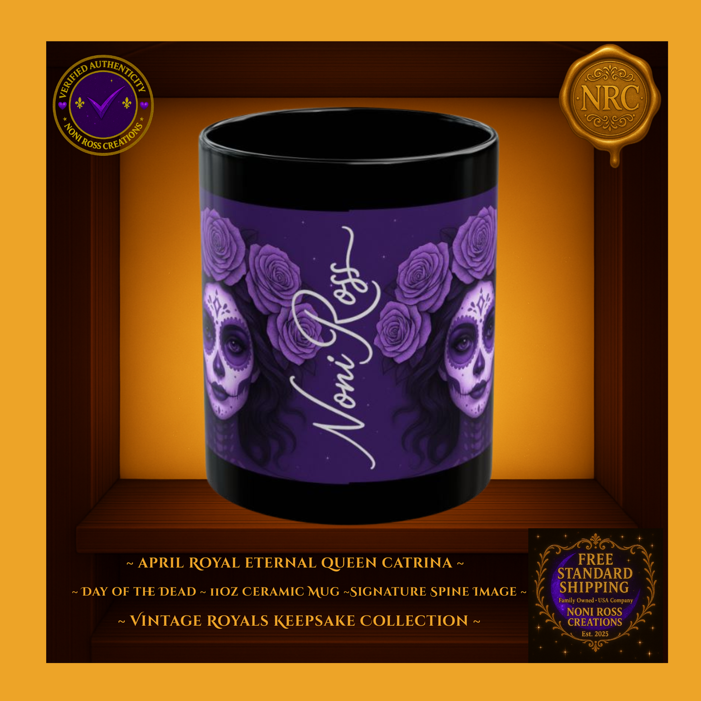 Signature spine—💙 Noni Ross Creations logo with Vintage Royals filigree on sky-blue background