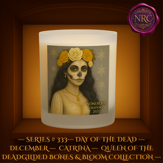 Series #331 December Day of the Dead Catrina Candle featuring skeletal face with crimson and frosted white sugar skull details, black and red gown, and sparkling winter stars by Noni Ross Creations