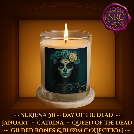 Series #311 January Day of the Dead Catrina Candle featuring teal and ivory rose crown, skeletal face paint, and Noni Ross Creations branding