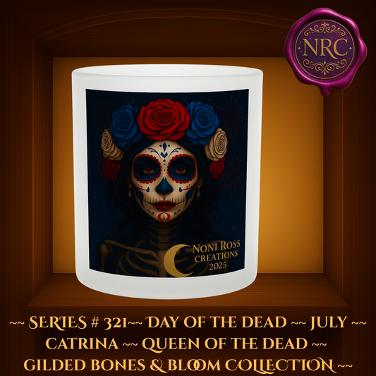 Series #321 July Day of the Dead Catrina Candle featuring skeletal face with red, white, and blue sugar skull designs, midnight blue gown, and fireworks by Noni Ross Creations