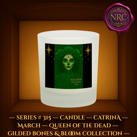 Series #315 March Day of the Dead Catrina Candle featuring skeletal face with shamrock sugar skull designs, emerald green gown, and golden stars by Noni Ross Creations