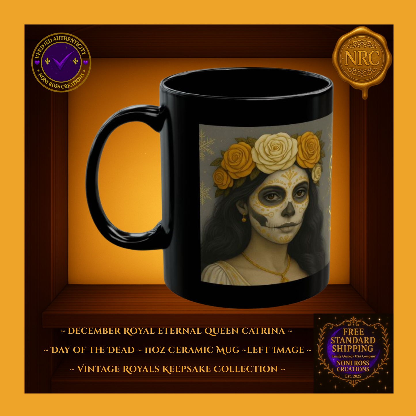 Left side of December Catrina Mug showing golden floral detail and soft frosted taupe winter tones | Noni Ross Creations