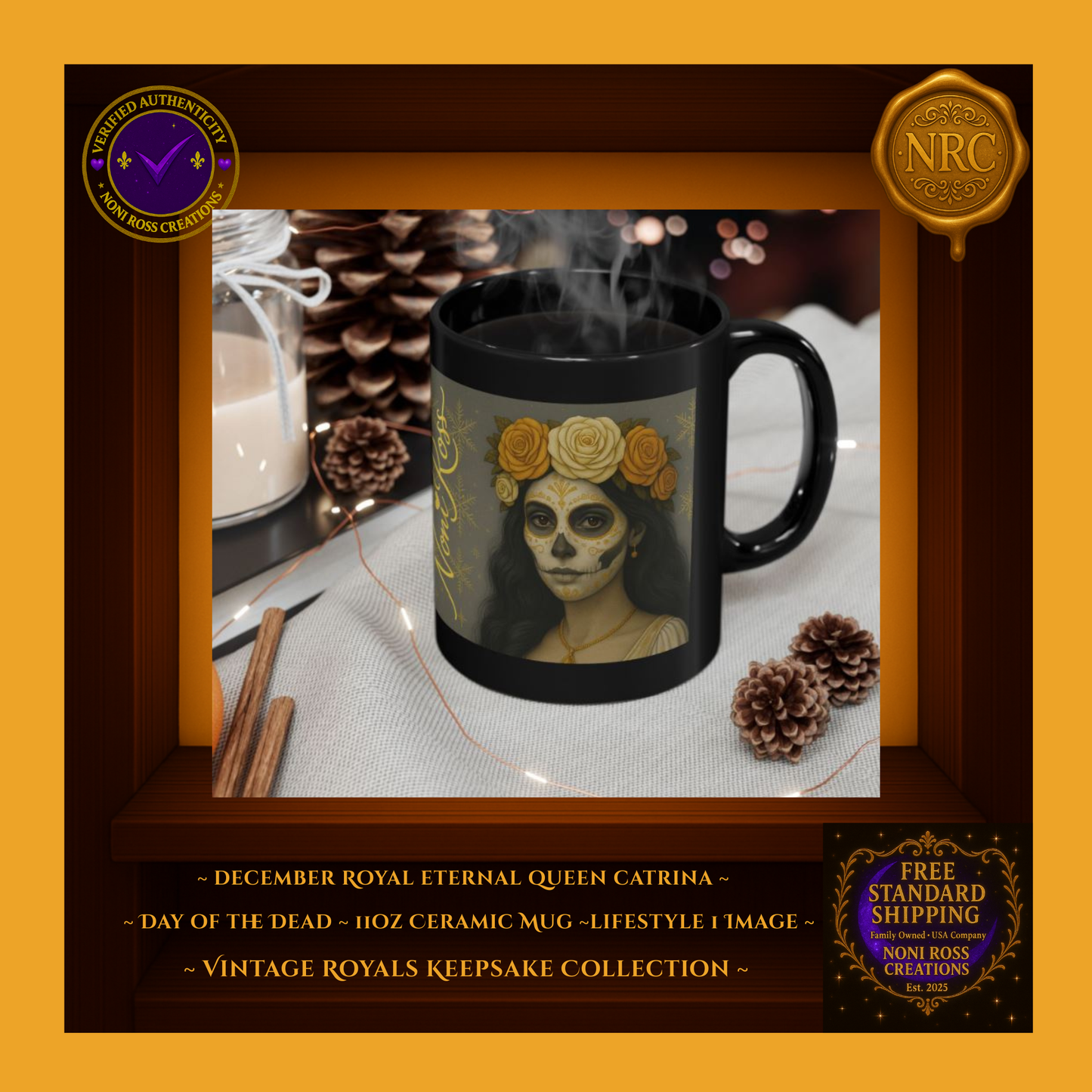 December Catrina Mug beside candles and pine accents in a winter holiday setting | Noni Ross Creations