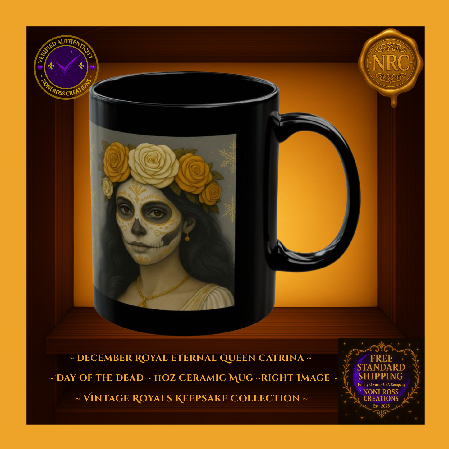 Right side of December Catrina Mug displaying snowflake motifs and soft golden light | Noni Ross Creations