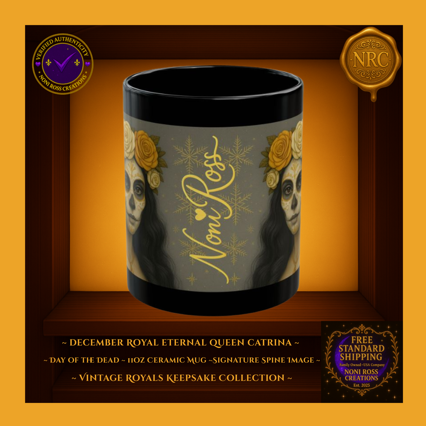 Side profile of December Catrina Mug showing elegant Noni Ross signature along artwork spine | Vintage Royals Keepsake Collection