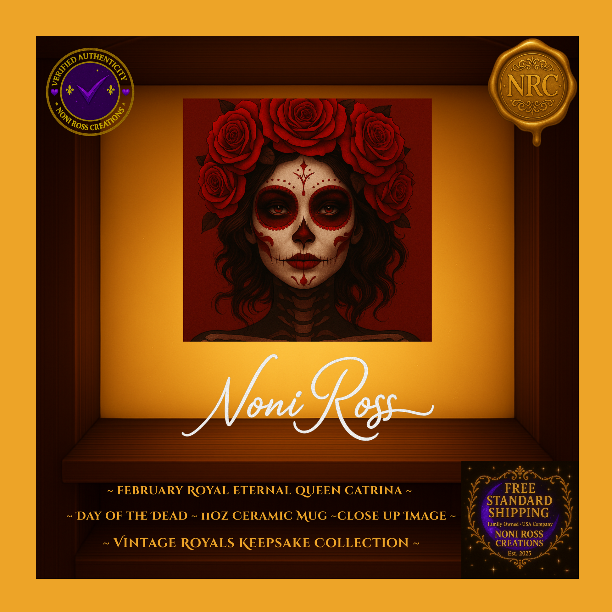 Close-up of February Catrina with red rose crown, detailed sugar-skull makeup, and soft candlelight tones | Noni Ross Creations