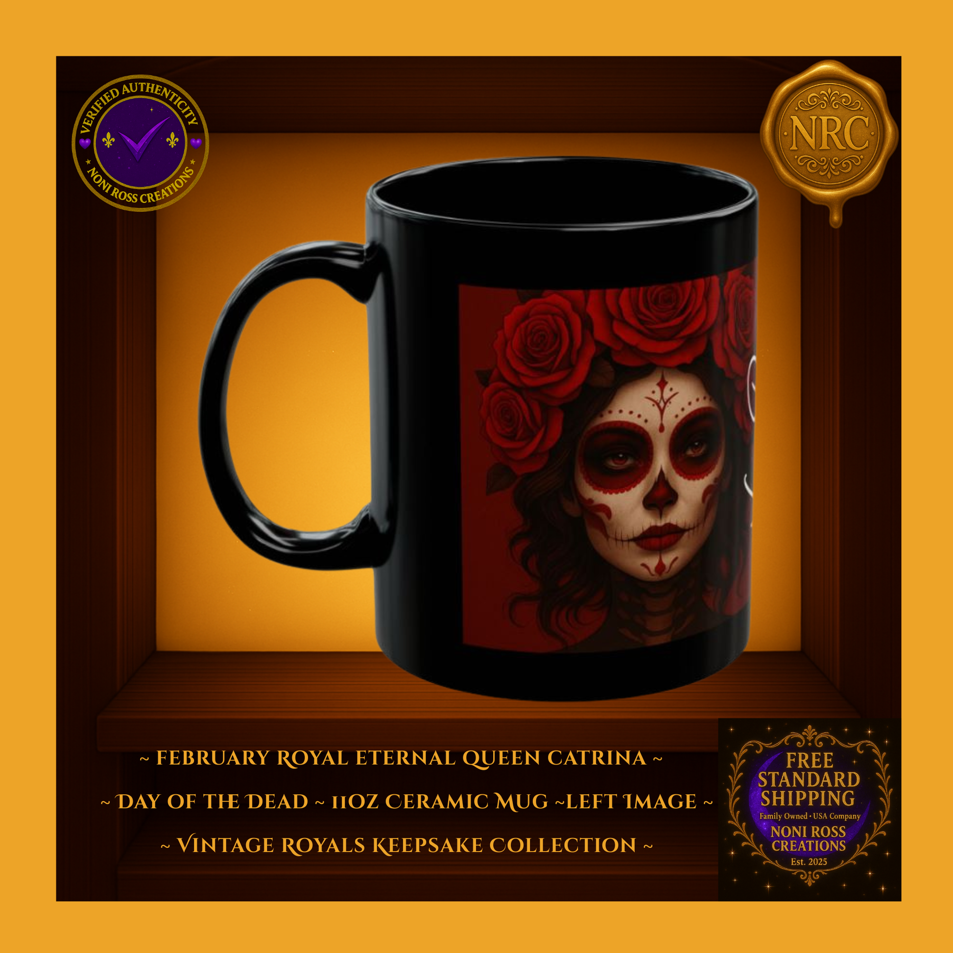 Left side of February Catrina Mug showing flowing dark hair and rich red rose details | Noni Ross Creations