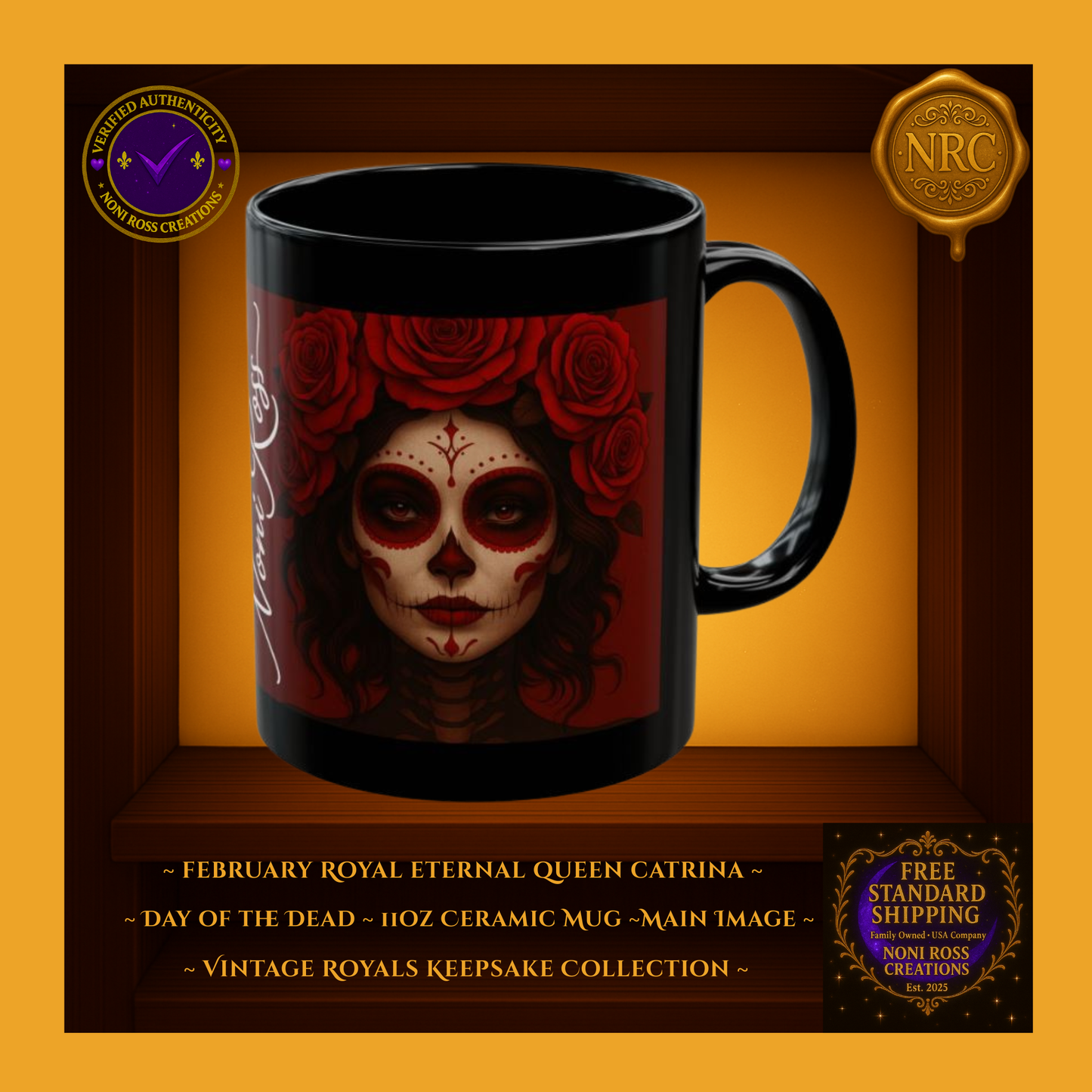 February Catrina Mug 11oz featuring gothic sugar-skull queen crowned with crimson roses and deep red background | Noni Ross Creations