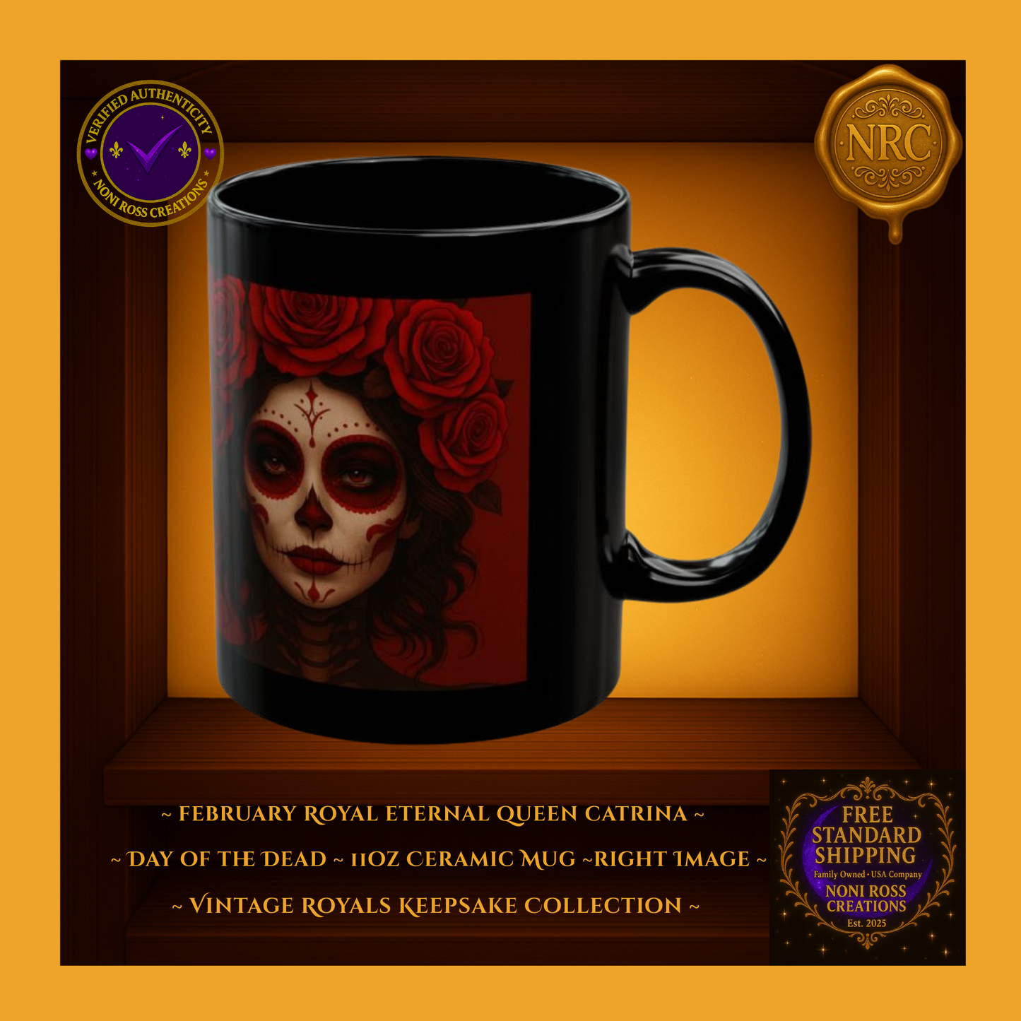 Right side of February Catrina Mug with velvety red background and lace neckline details | Noni Ross Creations