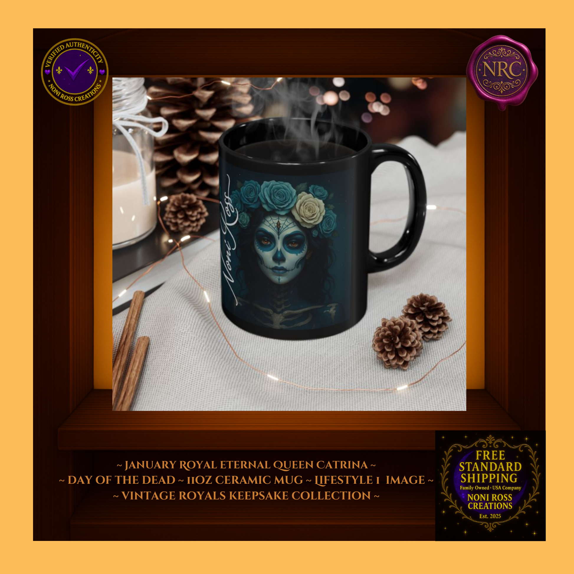 Queen Catrina 11oz mug styled on vanity with pearls and candle—vintage royal morning ritual
