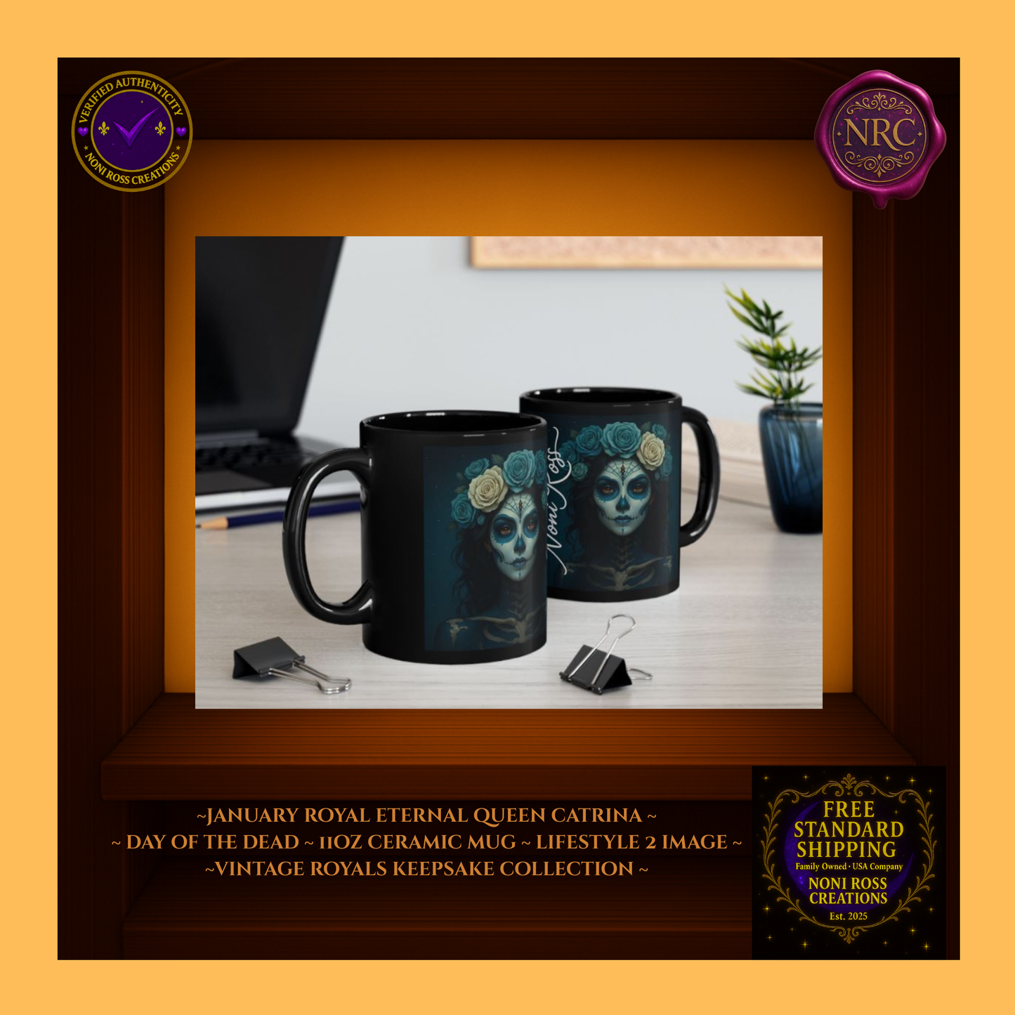 Cozy scene—January Queen Catrina mug beside knit throw and book, elegant gothic winter moo
