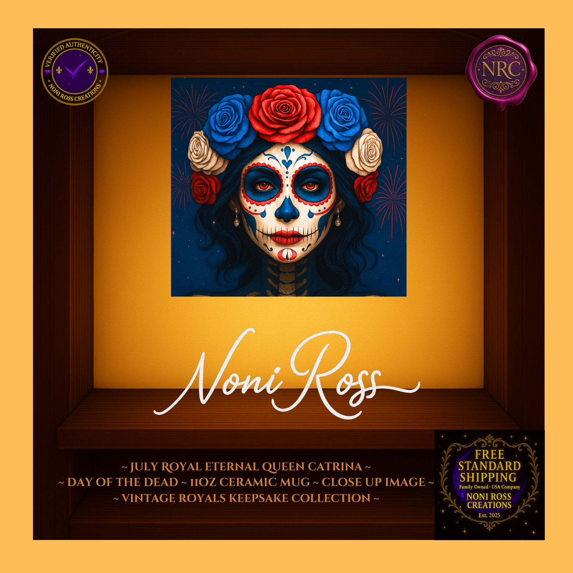 Close-up of July Queen Catrina face with crown and firework reflections—patriotic vintage royal design