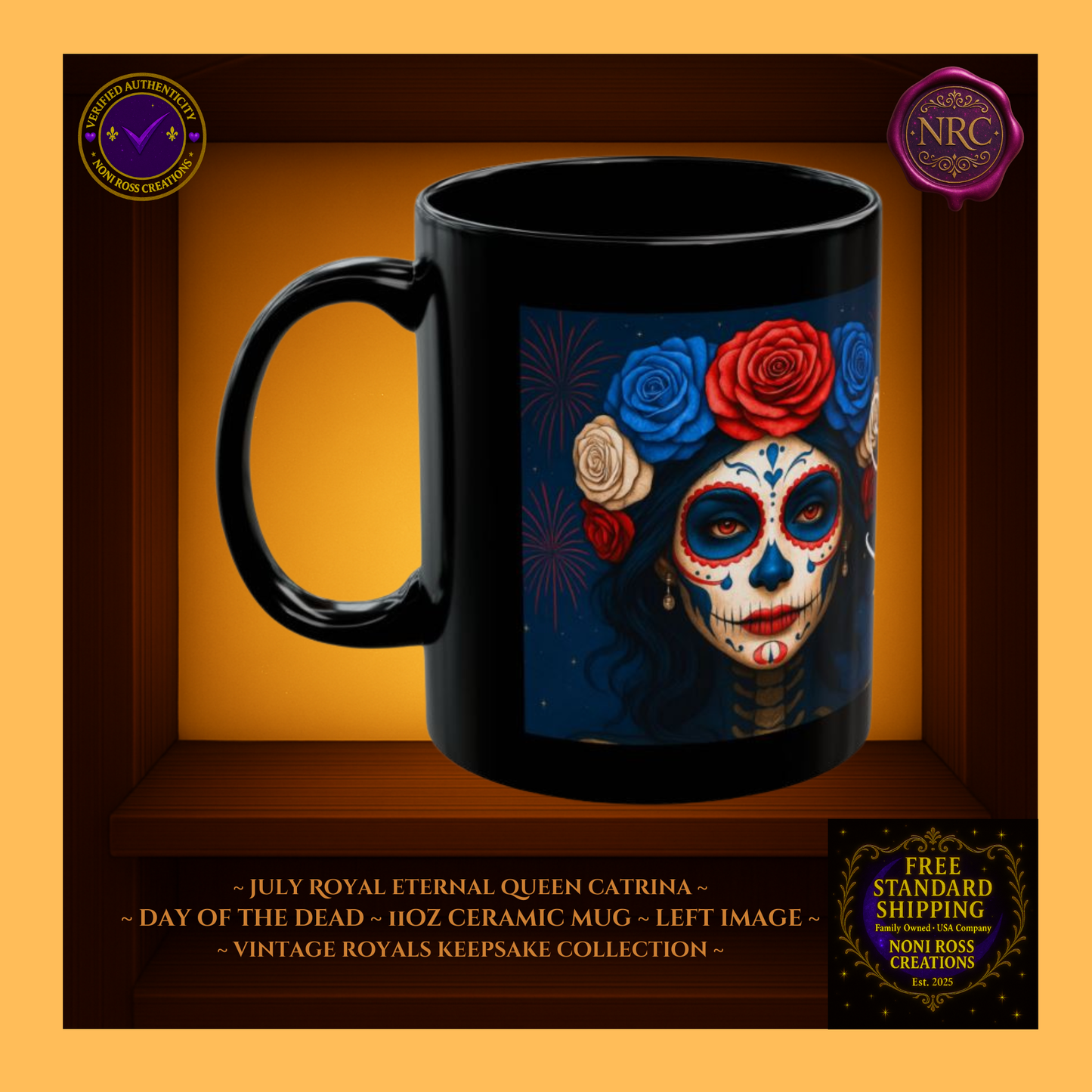 Left side—July Eternal Queen Catrina Mug with ruby and gold gown details | 11 oz ceramic mug
