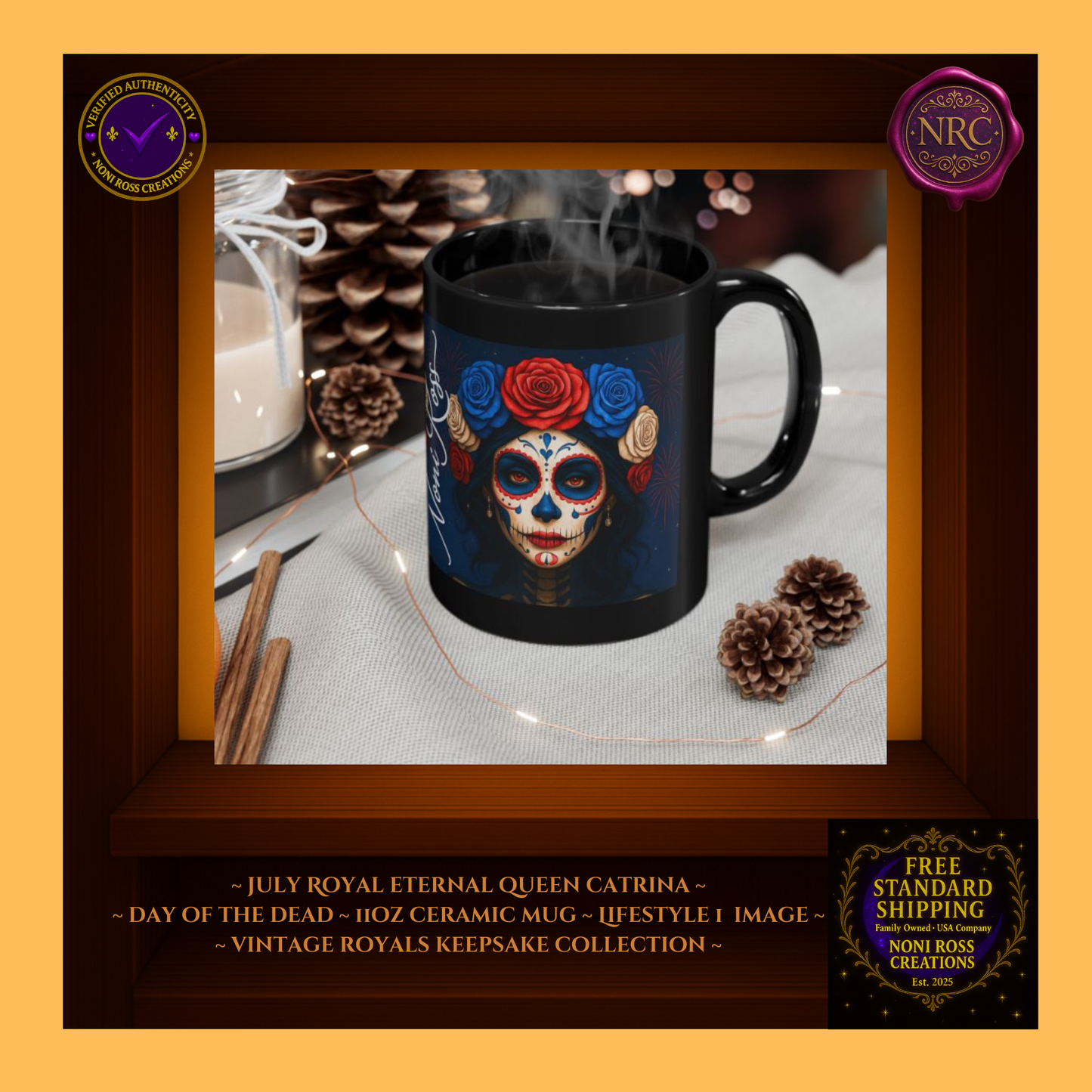 July Queen Catrina Mug beside stars and roses—festive summer ritual | 💜 Noni Ross Creations