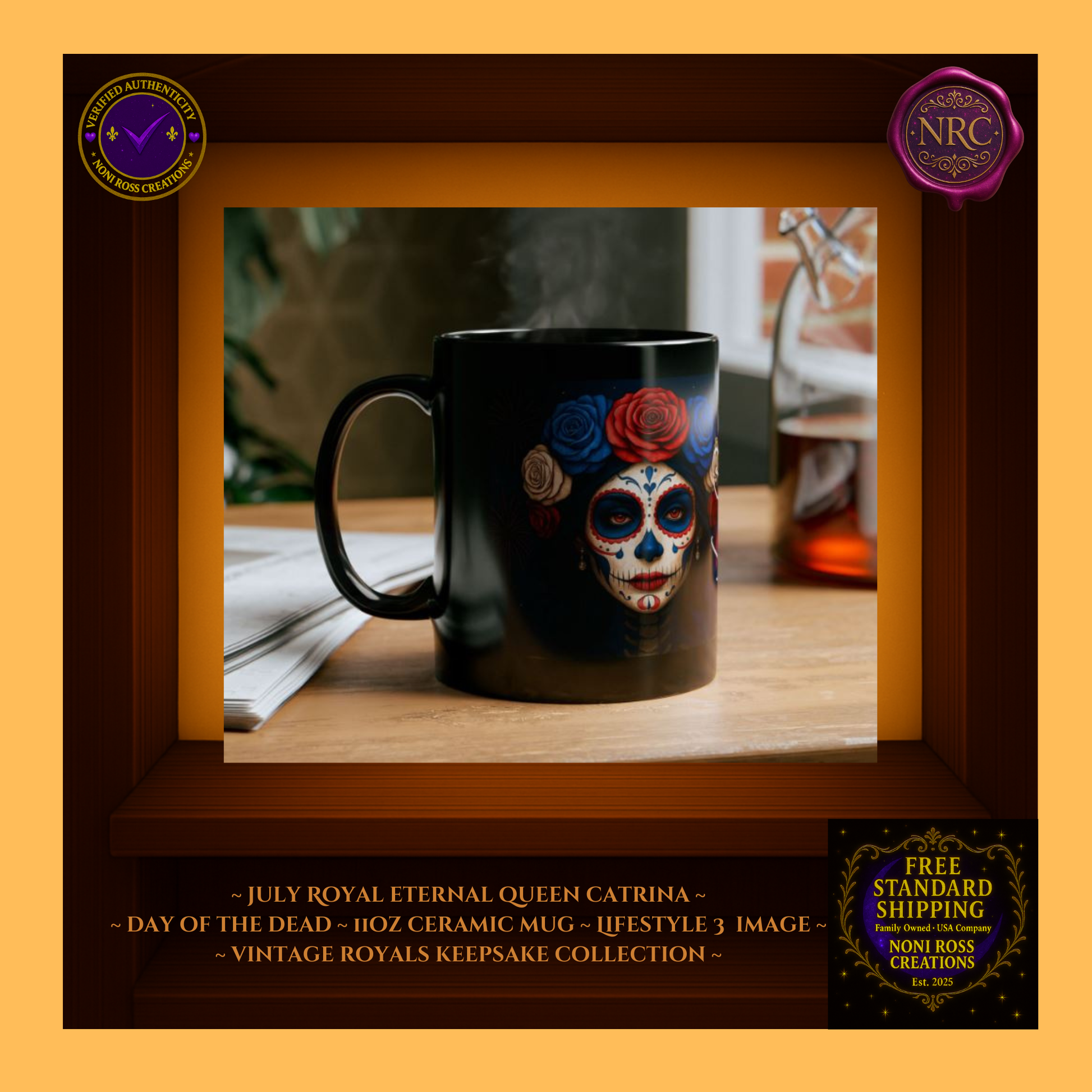 Collector display—July Queen Catrina Mug paired with King Catrin Mug | 💜 NoniRossCreations.com
