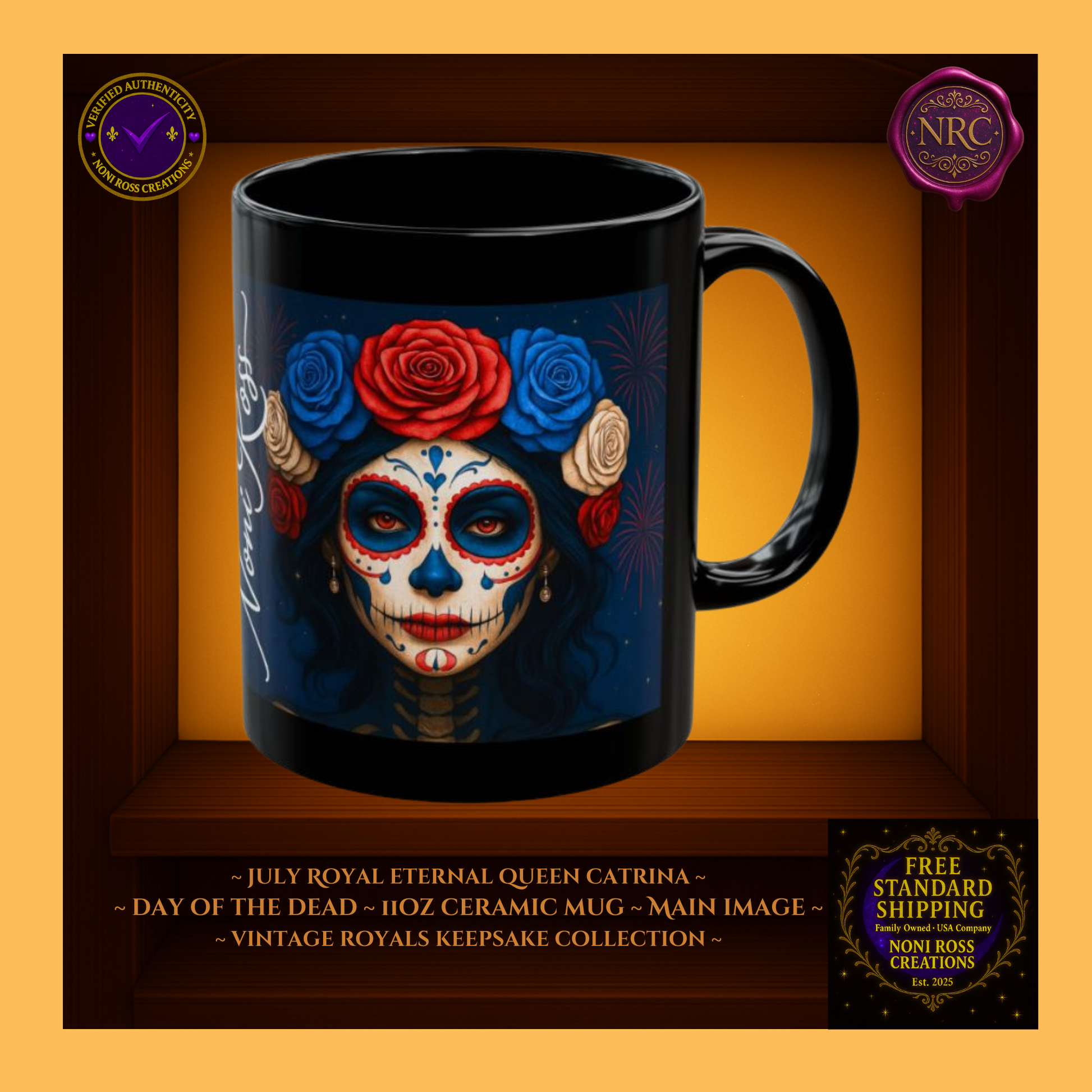 July Eternal Queen Catrina Mug 11 oz in ruby red, white, and blue with gold accents | 💜 Noni Ross Creations
