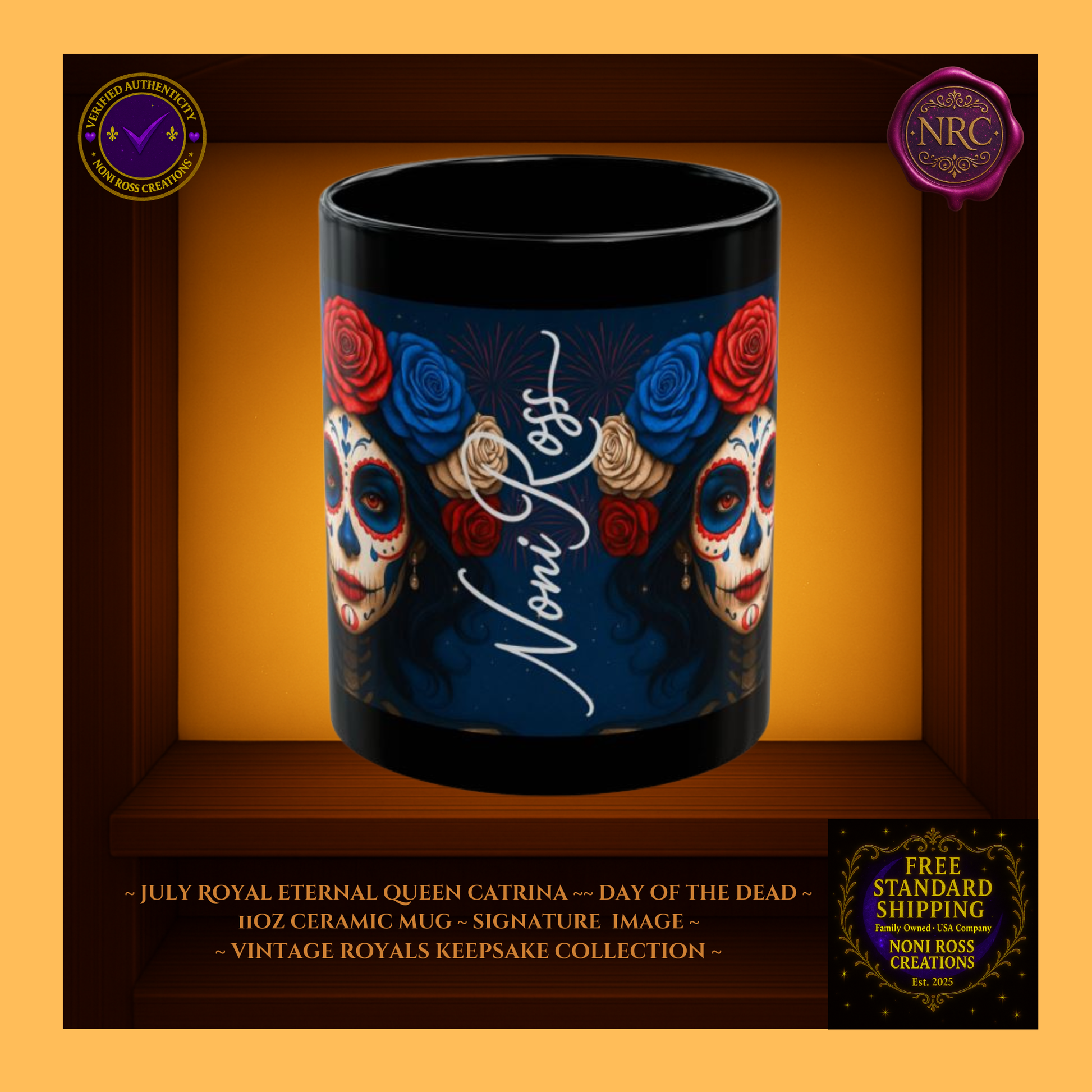 Signature spine—💜 Noni Ross Creations logo with Vintage Royals filigree on blue background