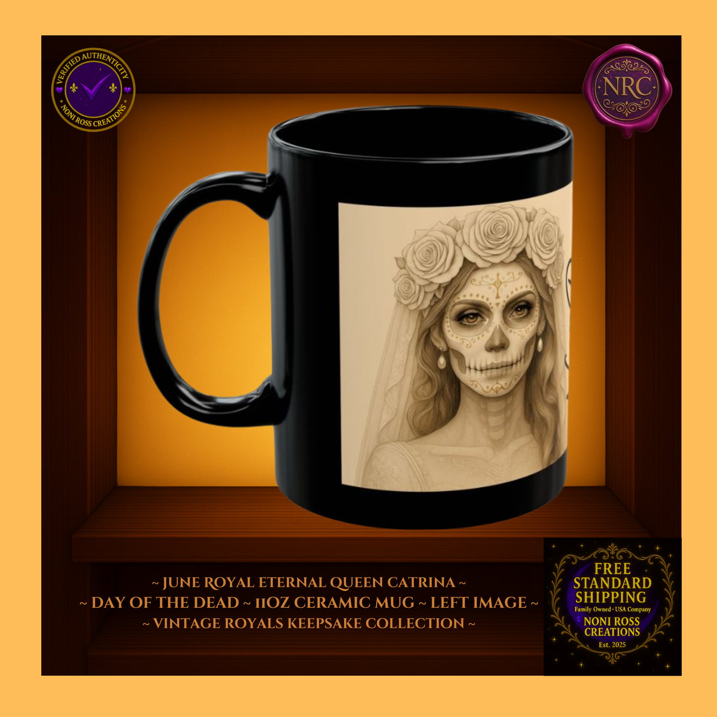 Left side—June Eternal Queen Catrina Mug showing gold and silver gown details, 11 oz ceramic mug