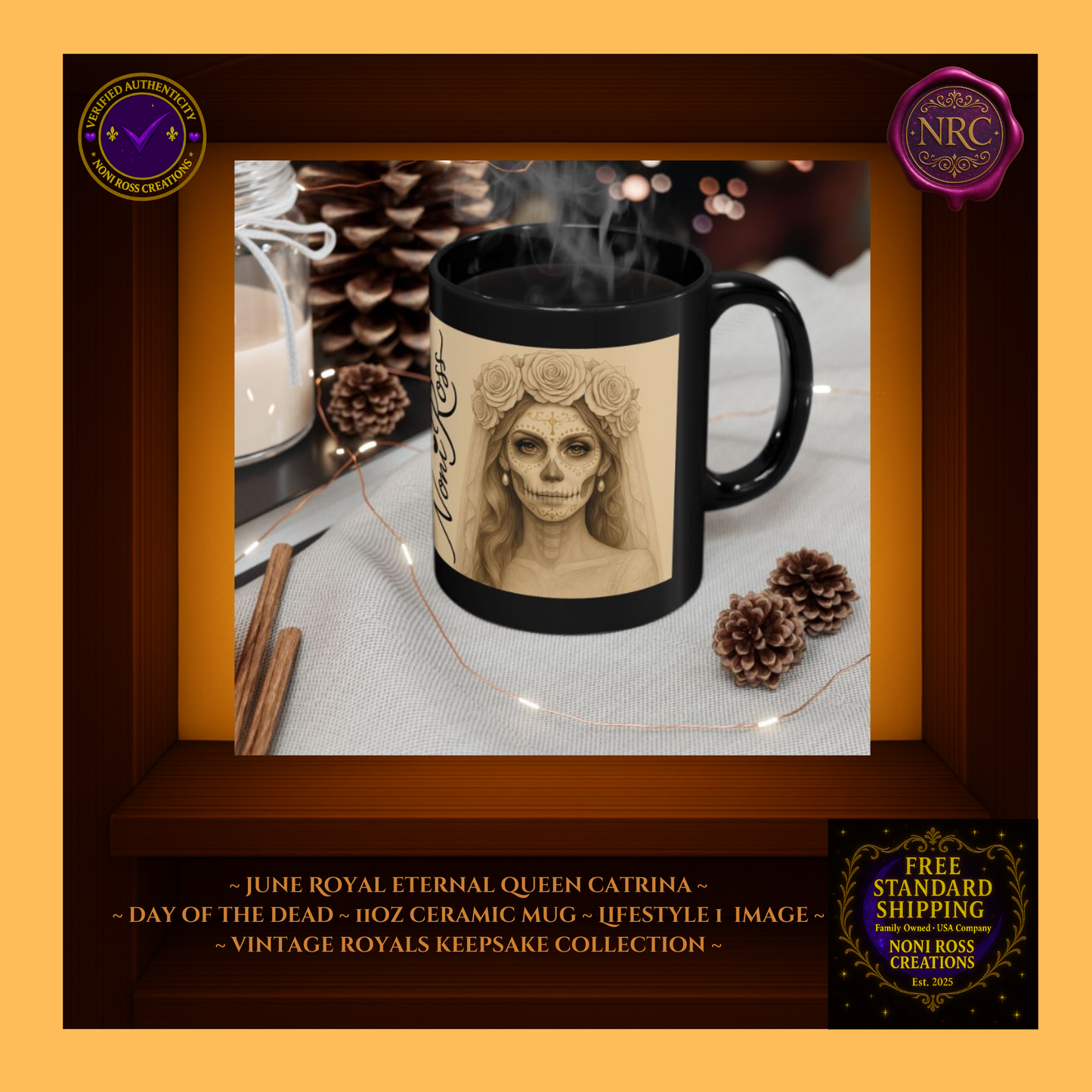 June Queen Catrina Mug styled with pearls and candle—royal morning ritual | 🩵 Noni Ross Creations