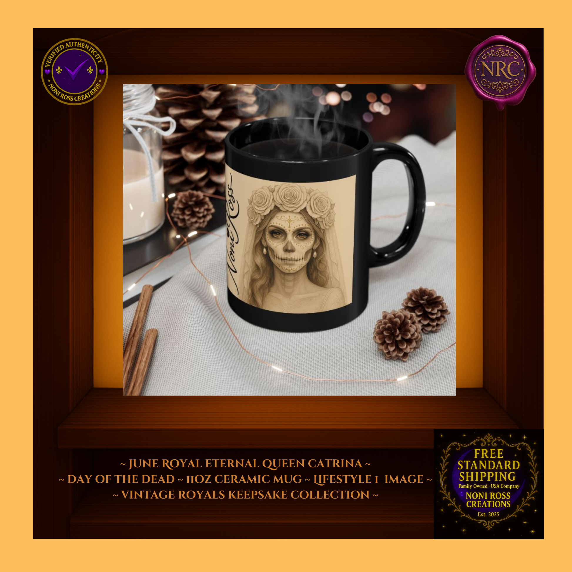 June Queen Catrina Mug styled with pearls and candle—royal morning ritual | 🩵 Noni Ross Creations