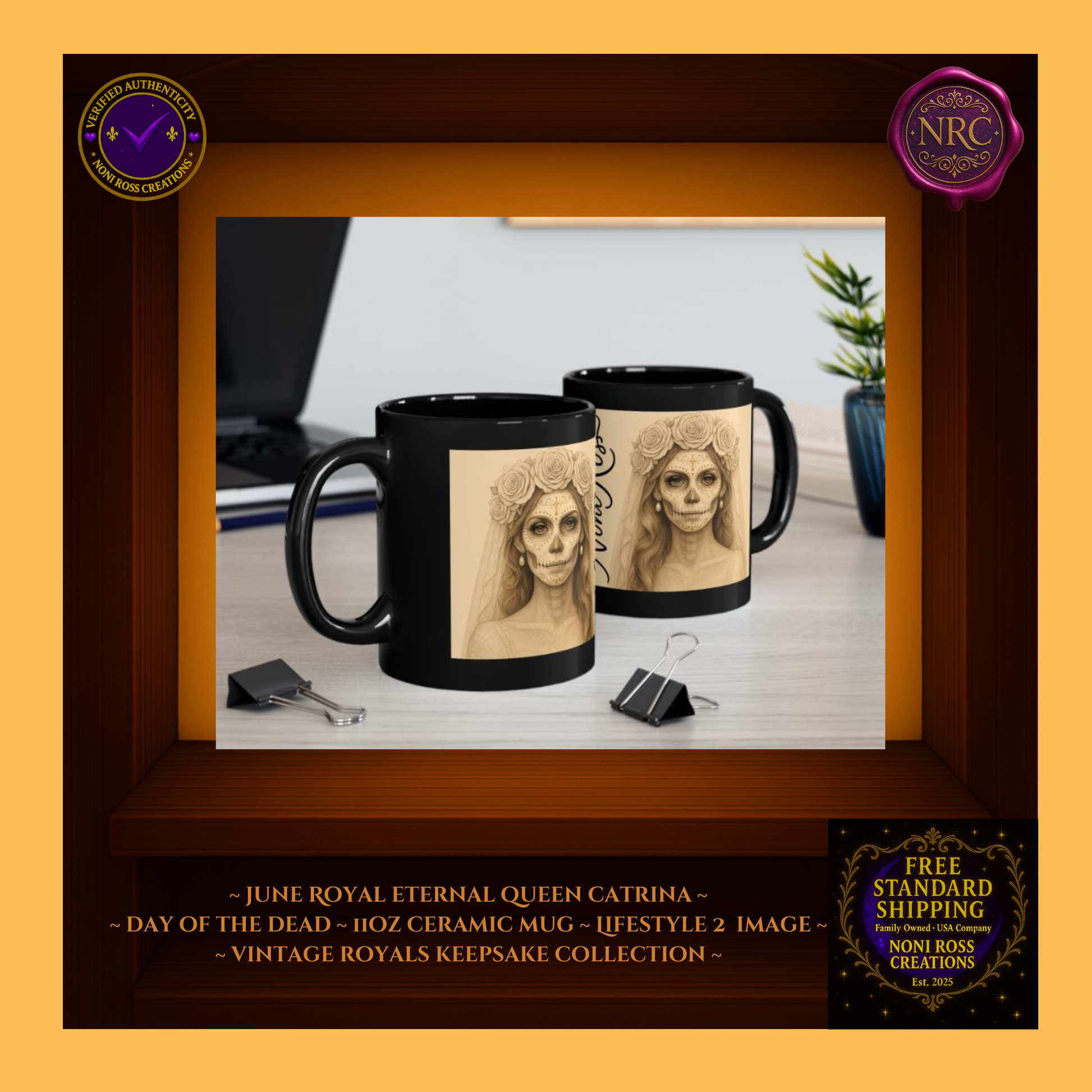 Cozy summer morning—Eternal Queen Catrina Mug beside book and pastry, silver and gold palette