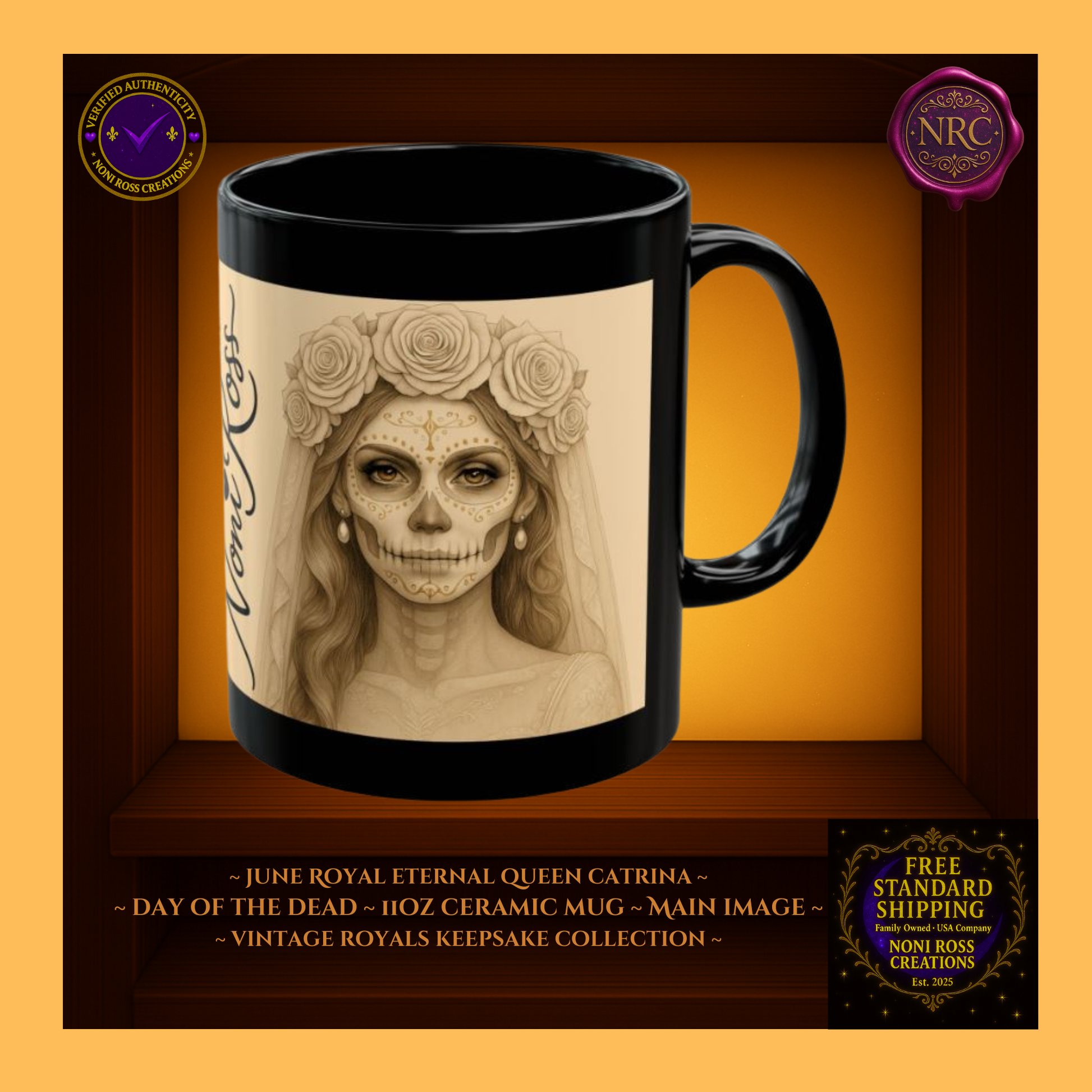 June Eternal Queen Catrina Mug 11 oz in silver, gold, and ivory | 🩵 Noni Ross Creations
