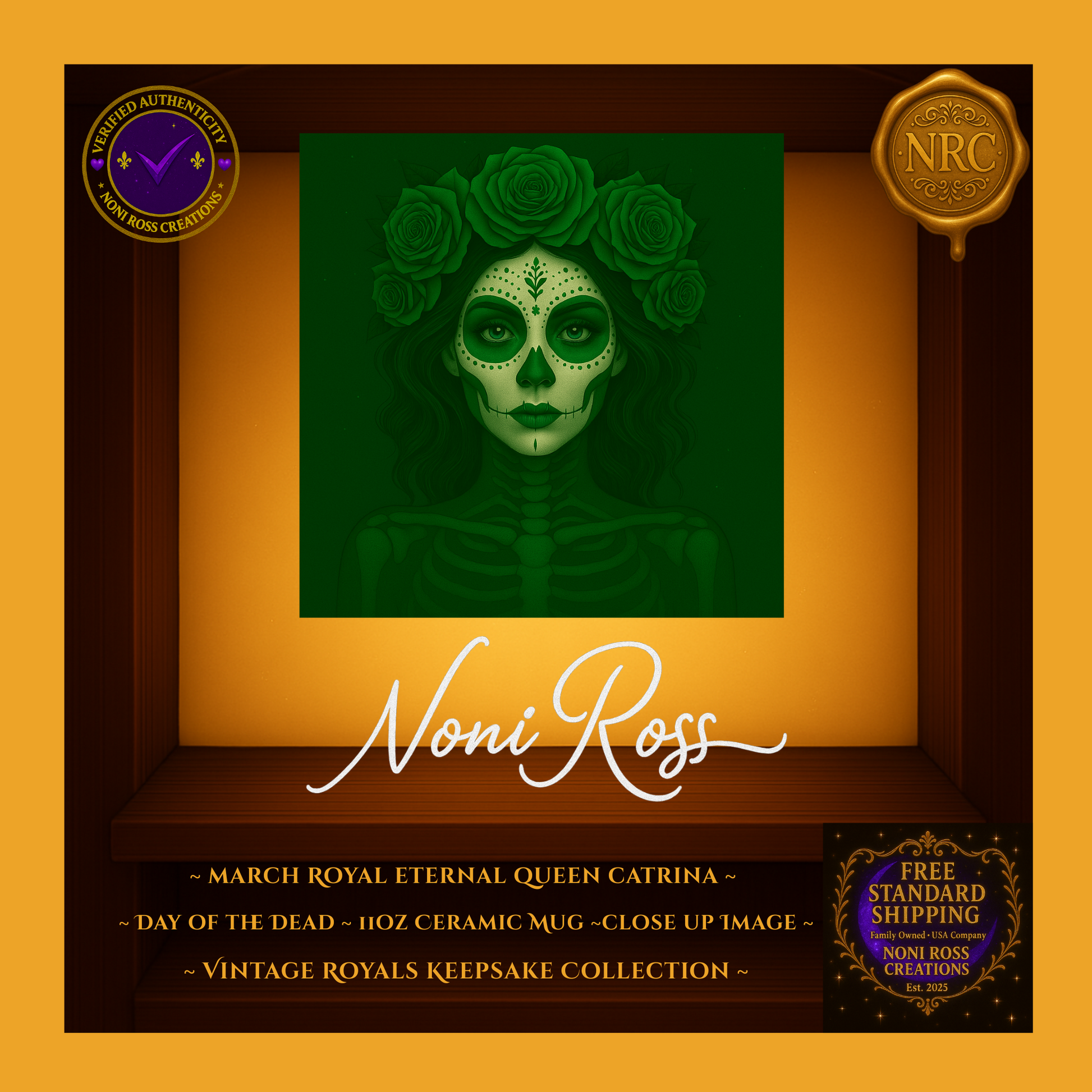 Close-up of March Catrina showing green sugar-skull makeup, emerald roses, and glowing mint highlights | Noni Ross Creations