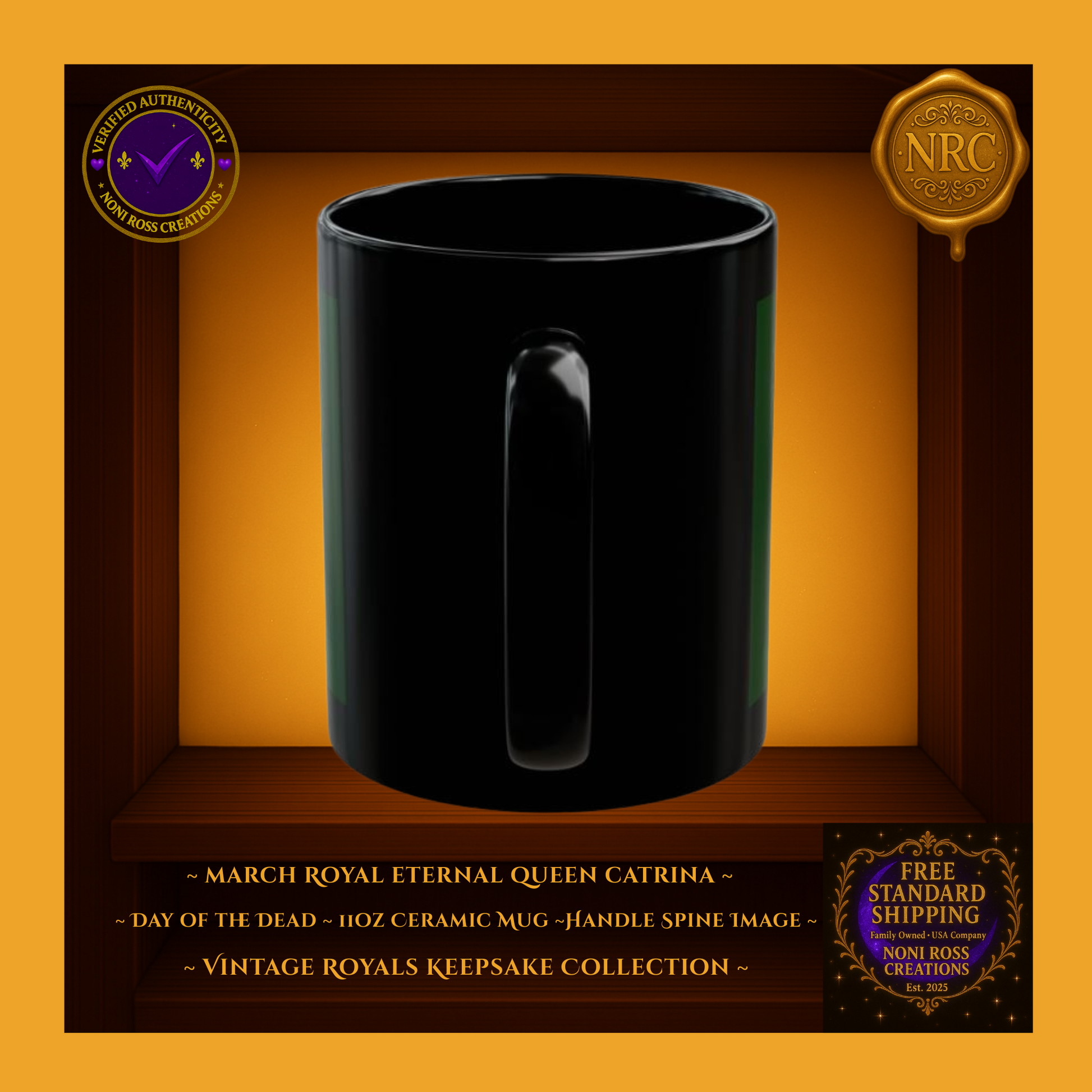 Handle side of March Catrina Mug with glossy black ceramic finish and emerald reflection | Noni Ross Creations