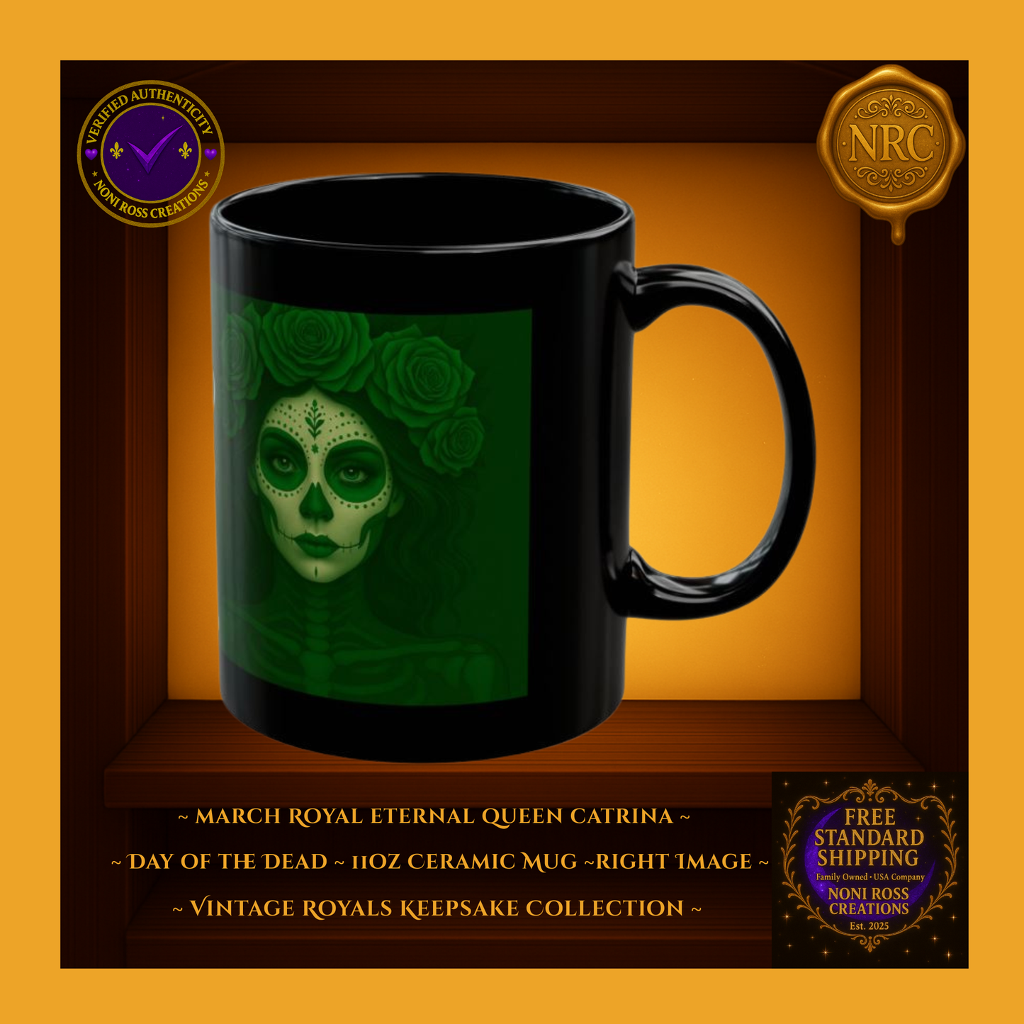 Right side of March Catrina Mug highlighting flowing dark hair and deep emerald tones | Noni Ross Creations
