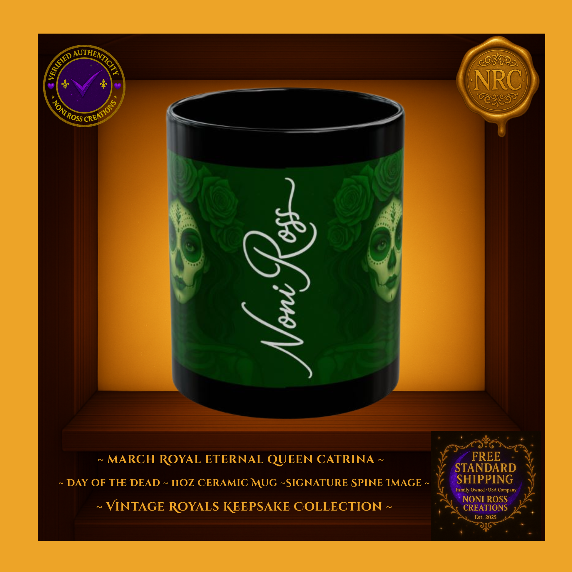 Side profile of March Catrina Mug featuring vertical Noni Ross artist signature | Vintage Royals Keepsake Collection